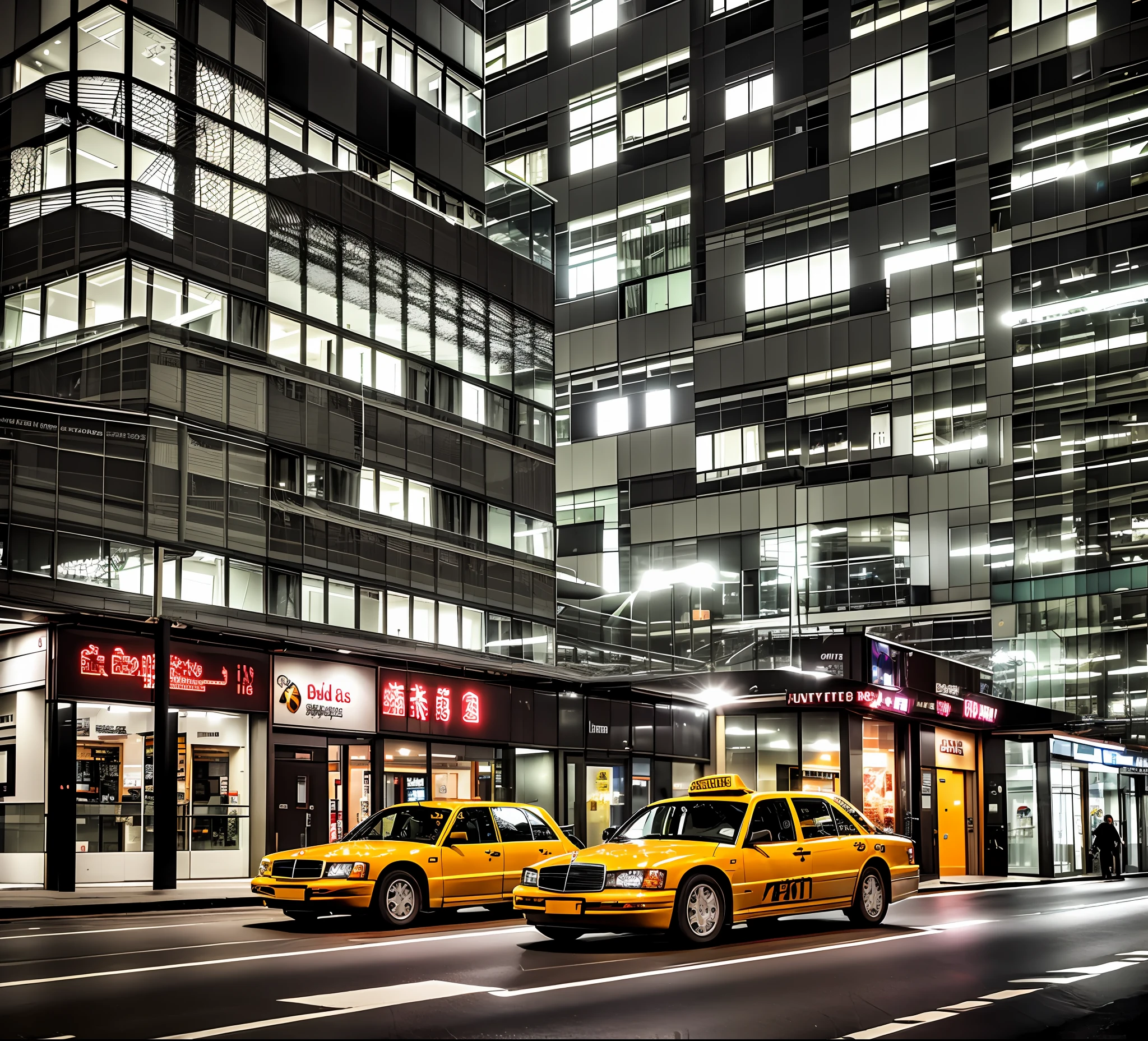 colorful night photo, city natural bright colors, (taxi stopped,with the door open, in front of a building), (man opens the taxi door for the elderly woman to enter), (elderly woman enters the taxi), (man driver opens the taxi door for elderly woman to enter), ((man opens taxi door for elderly woman to enter)), ( white haired old woman enters the taxi),  Checker, ((sleeping city)), (building with only one light on the ground floor), natural vivid colors), ((nocturnal)), rain, high detail, sharp focus, (photorealism), realistic, best quality, 8k, award-winning, dramatic lighting, epic, cinematic, masterpiece, rim light, beautiful night: 1.2, Dutch angle, depth of field,