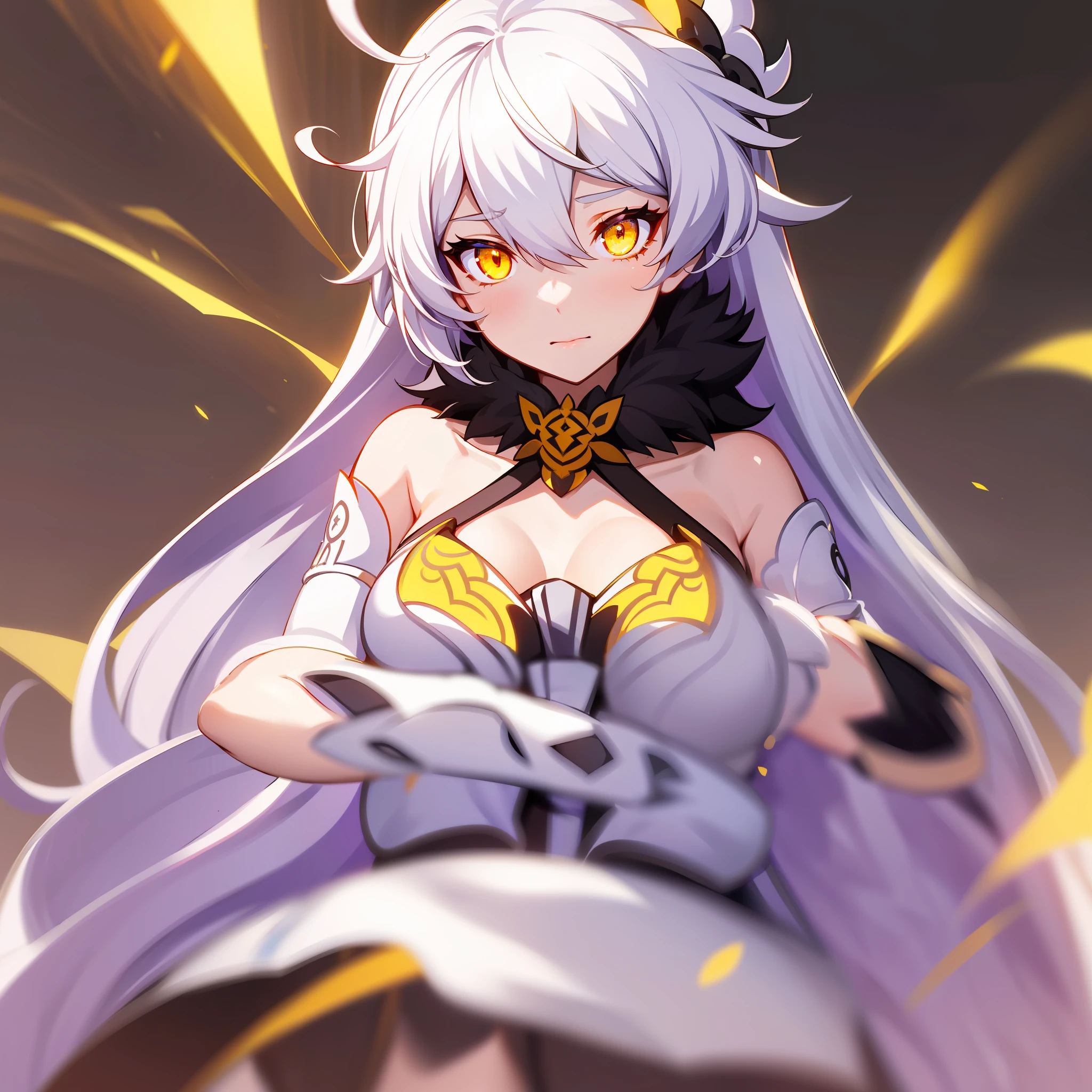 1girl, Kiana Kaslanna, solo, yellow eyes, long hair, bangs, hair accessory, hair between eyes, bare shoulders, shut up, white hair, black background, upper body, elbow gloves, glowing , fur collar, dress, ahoge