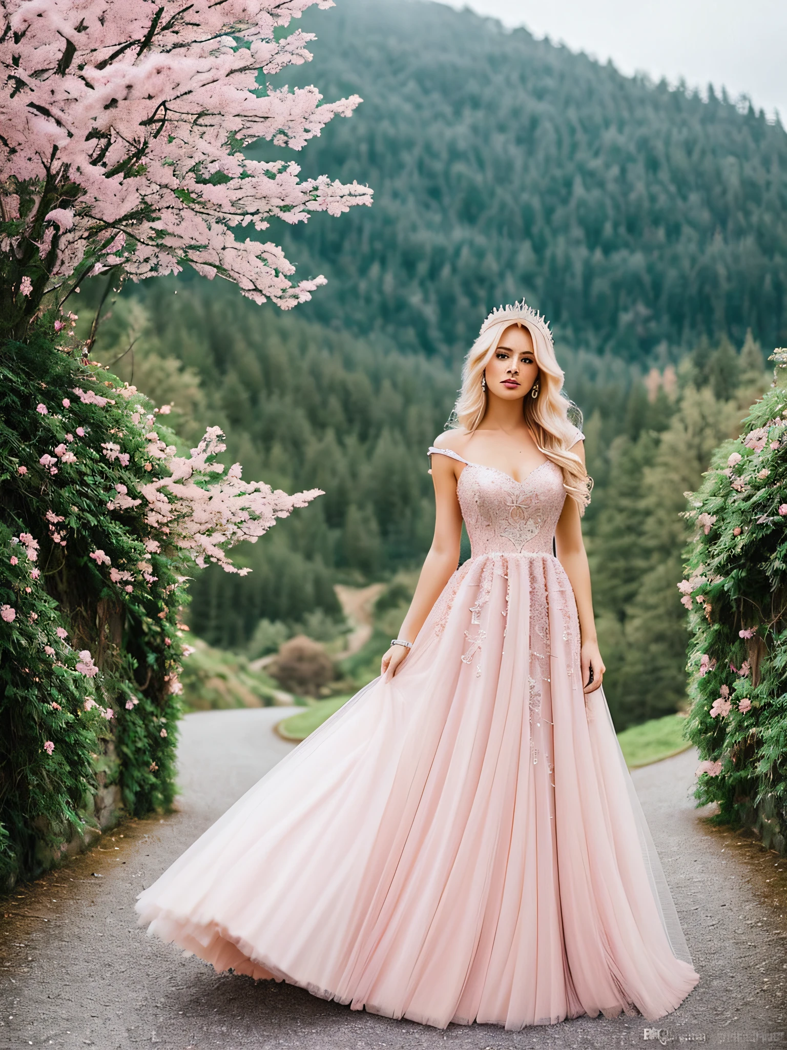 (Fairytale-themed image, pink luxury car),(blonde-haired woman:1.2, princess dress, long and voluminous dress),(elegant and charming pose, delicate),(only one person in the photo), extremely realistic, charming scenery