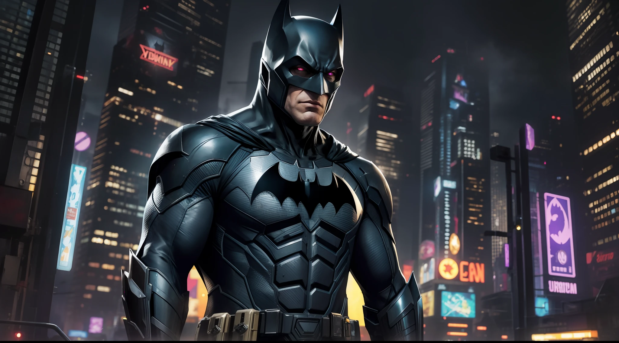 batman, cyberpunk city background, vibrant, photorealistic, realistic, dramatic, dark, sharp focus, 8k