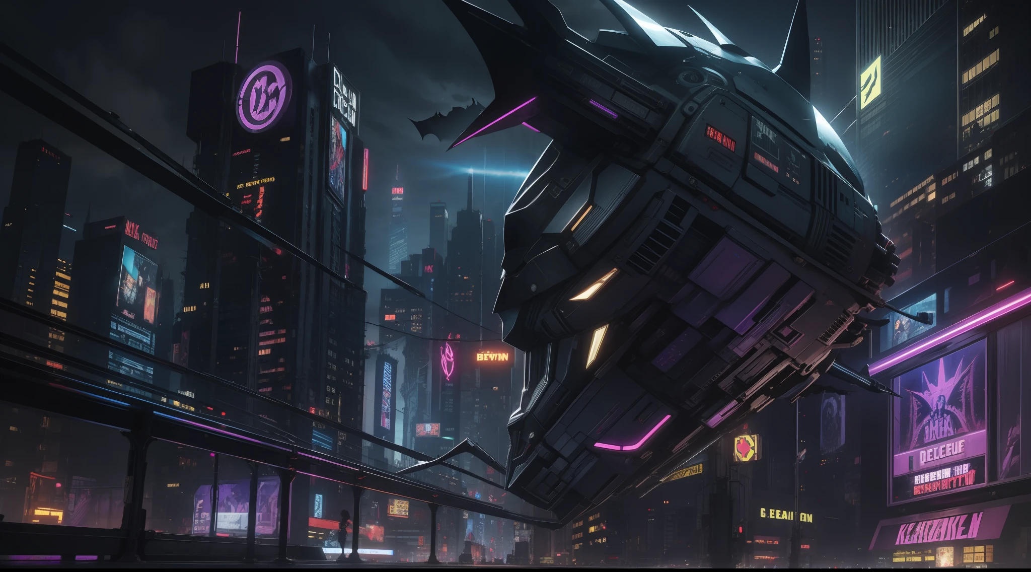 batman, cyberpunk city background, vibrant, photorealistic, realistic, dramatic, dark, sharp focus, 8k