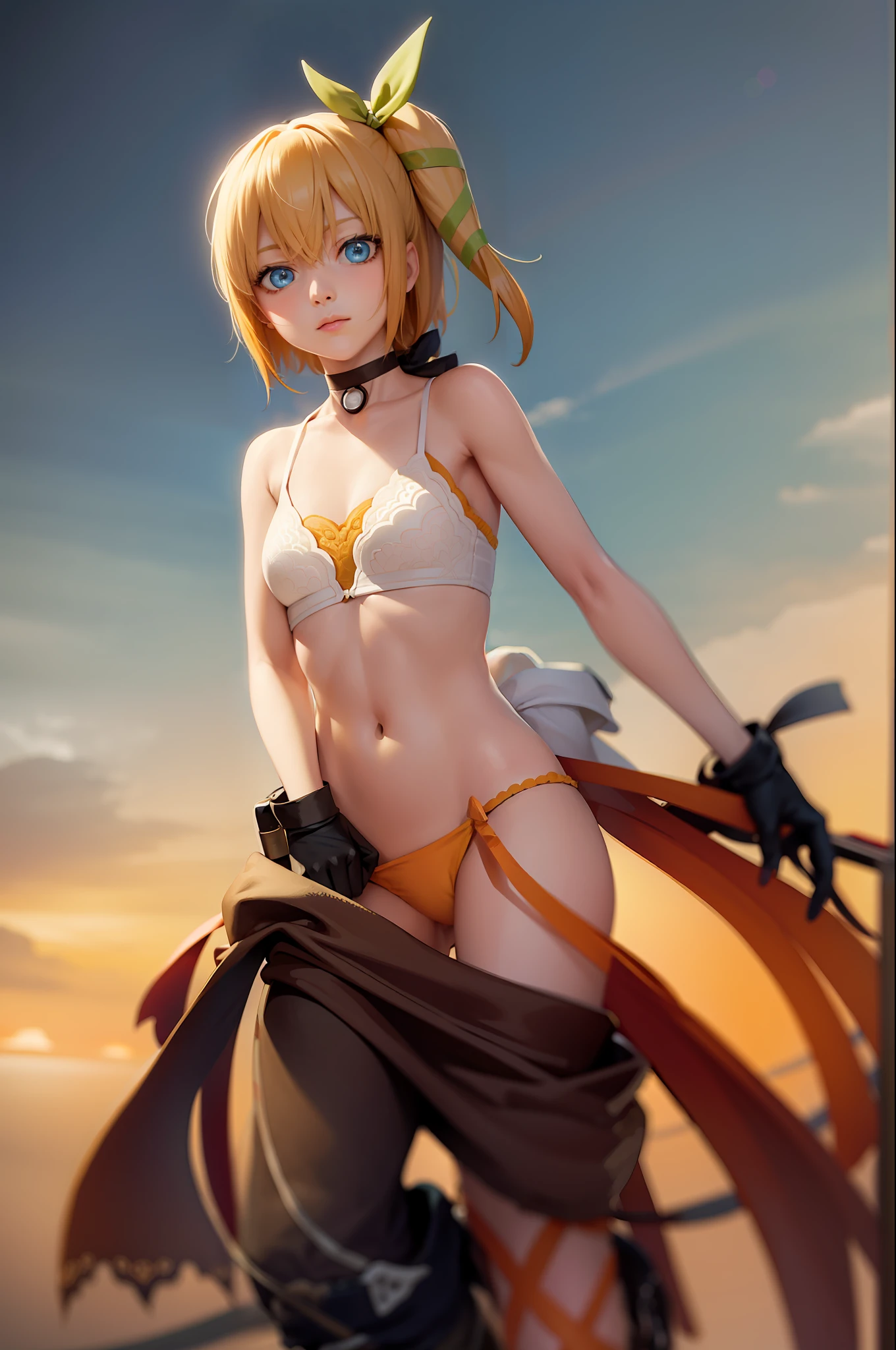 (masterpiece, best quality: 1.2), Cowboy shot, solo, 1girl, Edna \(Tales\), expressionless, closed mouth, looking at the viewer, hair ribbon, hair ribbon, bikini, single glove, choker