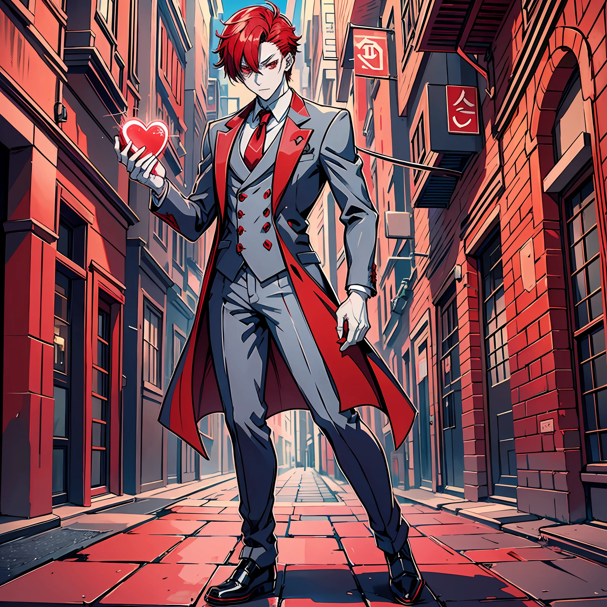 The Heart Collector, monster boy with grey skin, red hair, red eyes, wearing a red suit, stylish, elegant, full body, anime manga style --auto --s2