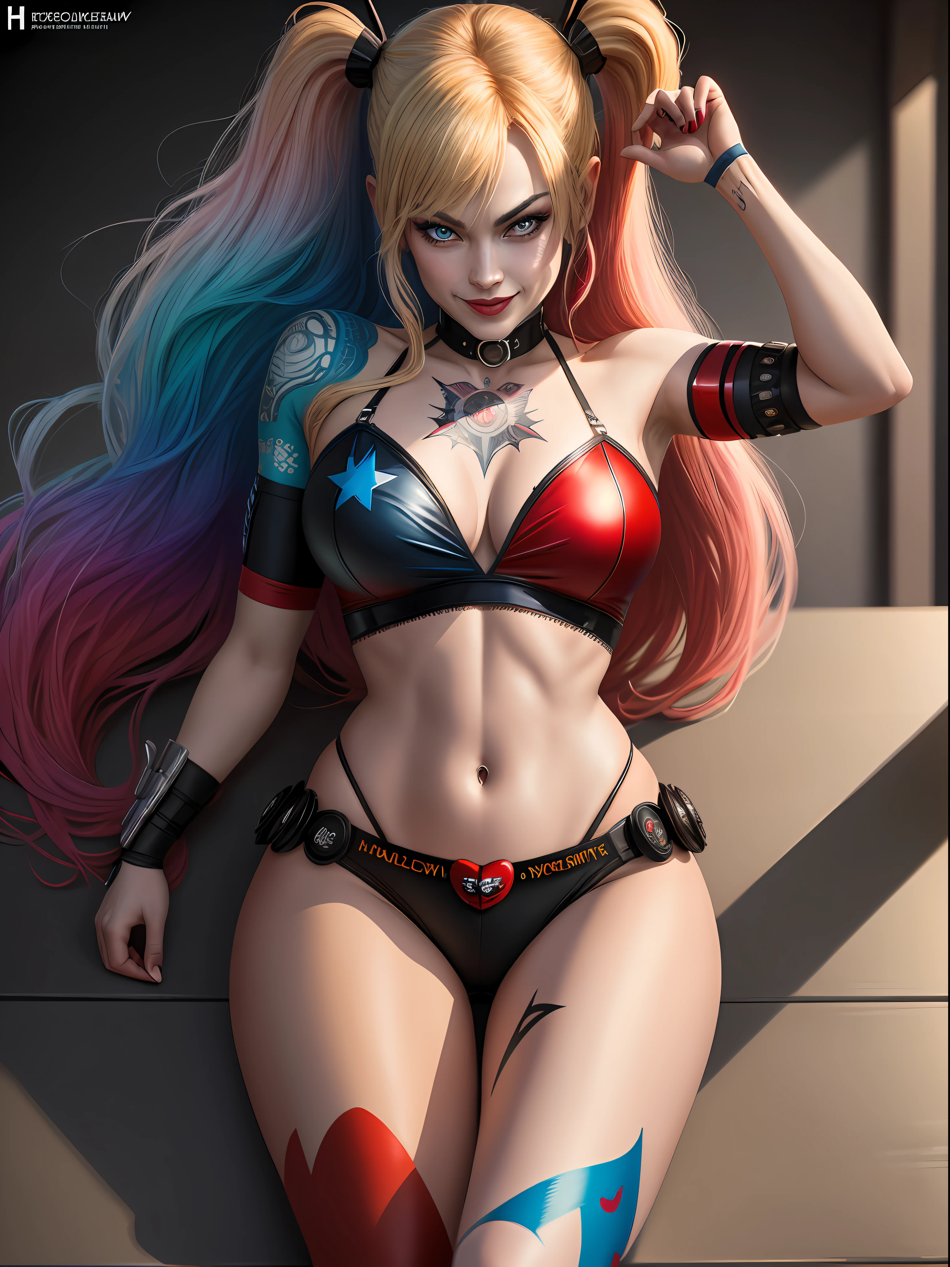 Harley Quinn (best quality), with long hair, neckline top with large breasts, big butt, turned legs, nipple sticker, tattoo below navel office room, masterpiece, ultra detailed, highest quality photography, 4k quality, best quality, textured skin, anatomically correct, super detail, realistic, realistic eyes, perfect face, perfect eyes, best quality wallpapper, colorful, full bodyYvonne strahovski. Harley Quinn from DC Comics beautiful Hungarian woman, intricately decorated, realistic rendering Character design, photorealistic, unreal mechanism, hyperdetailed. ((best quality)), ((masterpiece)), ((realistic)), (detailed), close-up portrait, full-body portrait, blue eyes, black and red costume, highly detailed skin and hair, looking at the viewer, stunning gradient colors, sadistic smile, detailed background, city at night, detailed mouth, incredibly detailed, ((masterpiece)), absurdities, HDR.