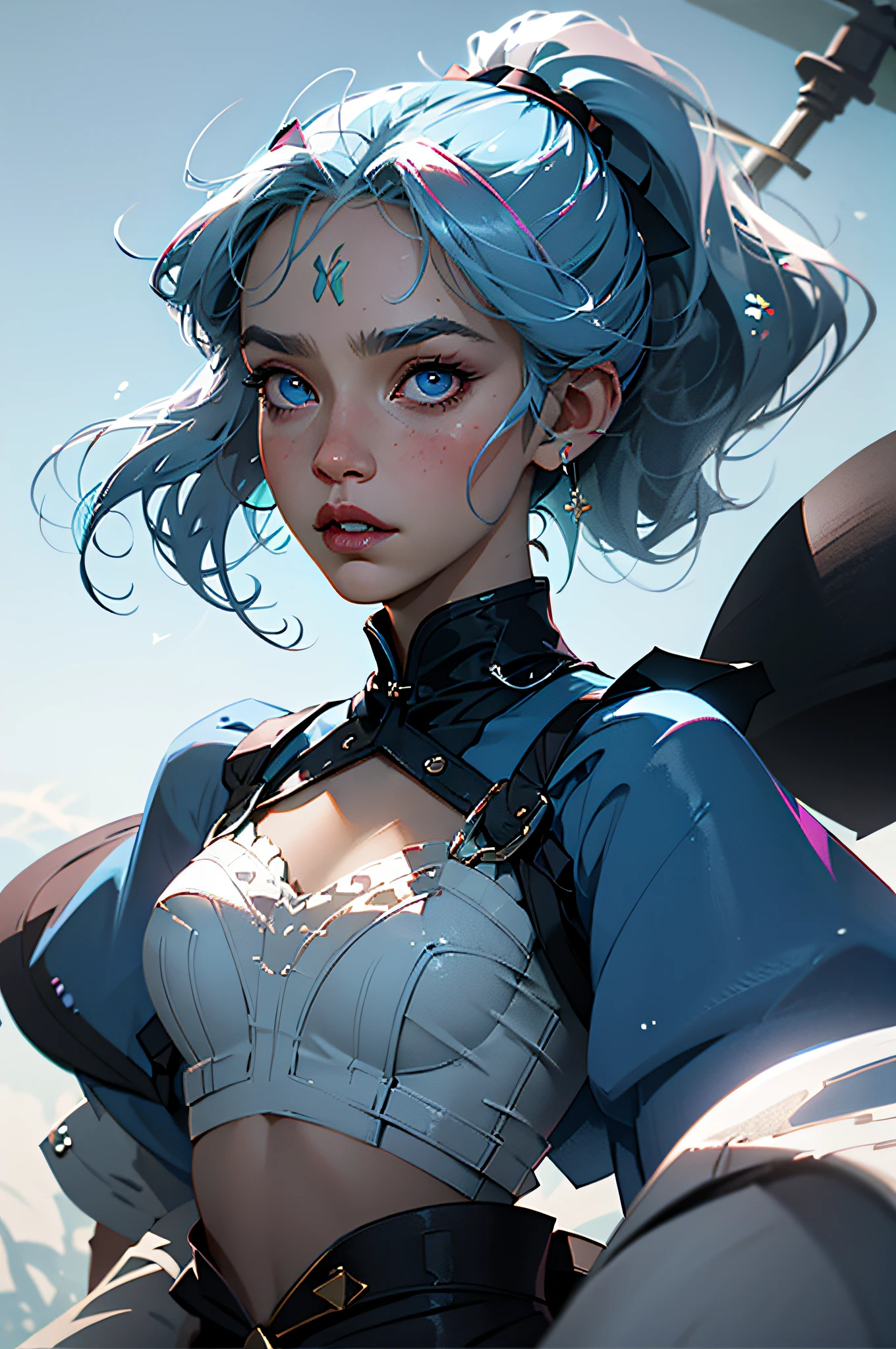 (masterpiece, sidelighting, finely detailed beautiful eyes: 1.2), masterpiece*portrait, realistic, 3d face, glowing eyes, shiny hair, lustrous skin, solo, embarassed, (midriff),alternative outfit, 1girl, solo,hair bow,butterfly hair ornament, lustrous skin, kamisato ayaka, ponytail, blunt bangs,hair flower,light blue hair, blue eyes, ponytail, medium breast,3D eye make up,blush