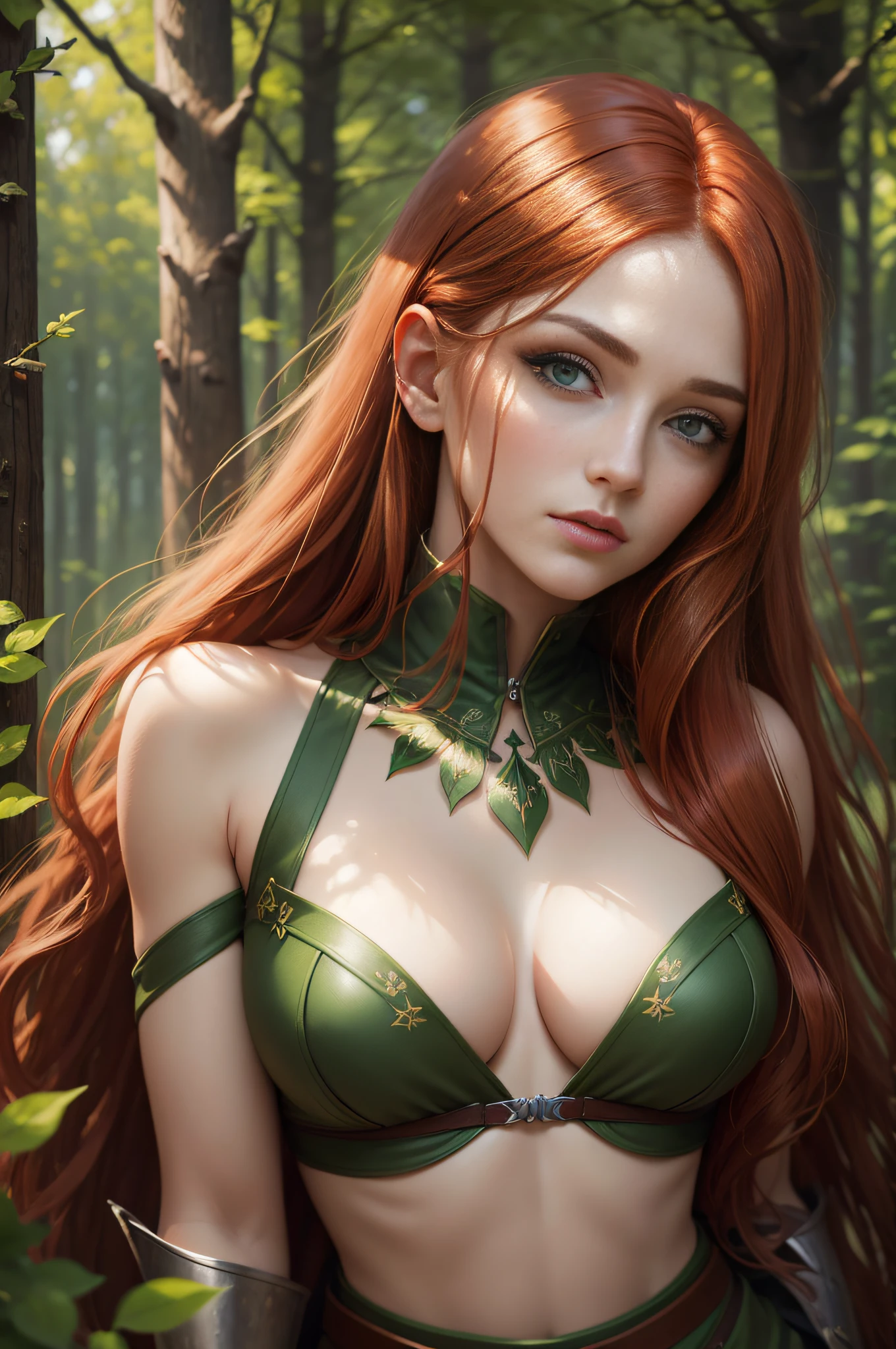 Best Quality, Masterpiece, (Realist: 1.2), Red-haired Woman, Green Eyes, Archer, In the Forest, Shadows and Lights, Detailed Face, Beautiful Eyes, Uncovered Chest, War Paintings, Love Eyes --auto --s2