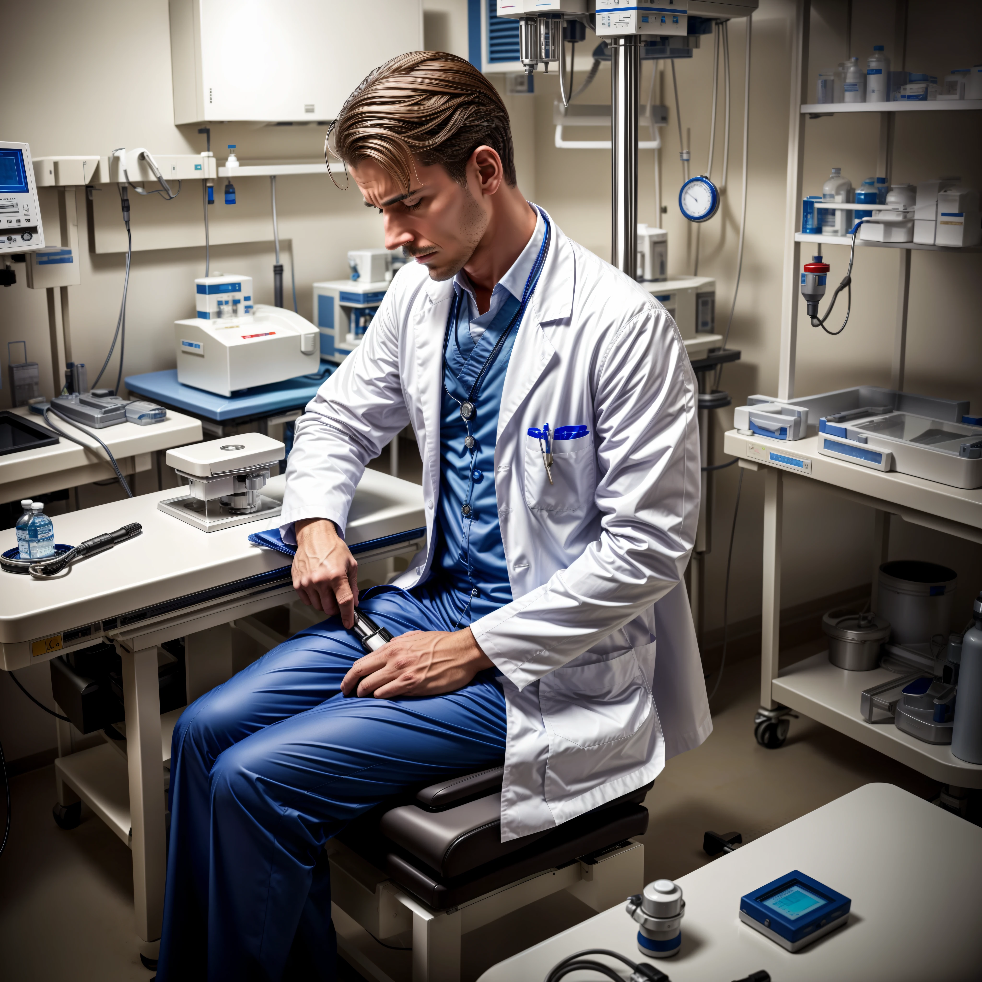 1man, Dr. Ethan Brooks, (white lab coat), seated in solitude within a desolate hospital ward, surrounded by multiple empty beds. His gaze is distant and filled with sorrow, reflecting the weight of his emotions. The scene is captured by a cutting-edge high-resolution machine, the Resoluxe Pro, renowned for its exceptional image quality and clarity. The Resoluxe Pro machine faithfully renders the scene, capturing the intricate details of the medical equipment and the doctor's expressive face. The once-bustling hospital ward now stands silent and abandoned, with dim lighting casting long shadows, intensifying the doctor's sense of isolation. The sterile scent of disinfectant permeates the air, creating a somber atmosphere. The high-resolution image depicts the doctor's profound emotions and portrays the challenges and solitude experienced within the medical world