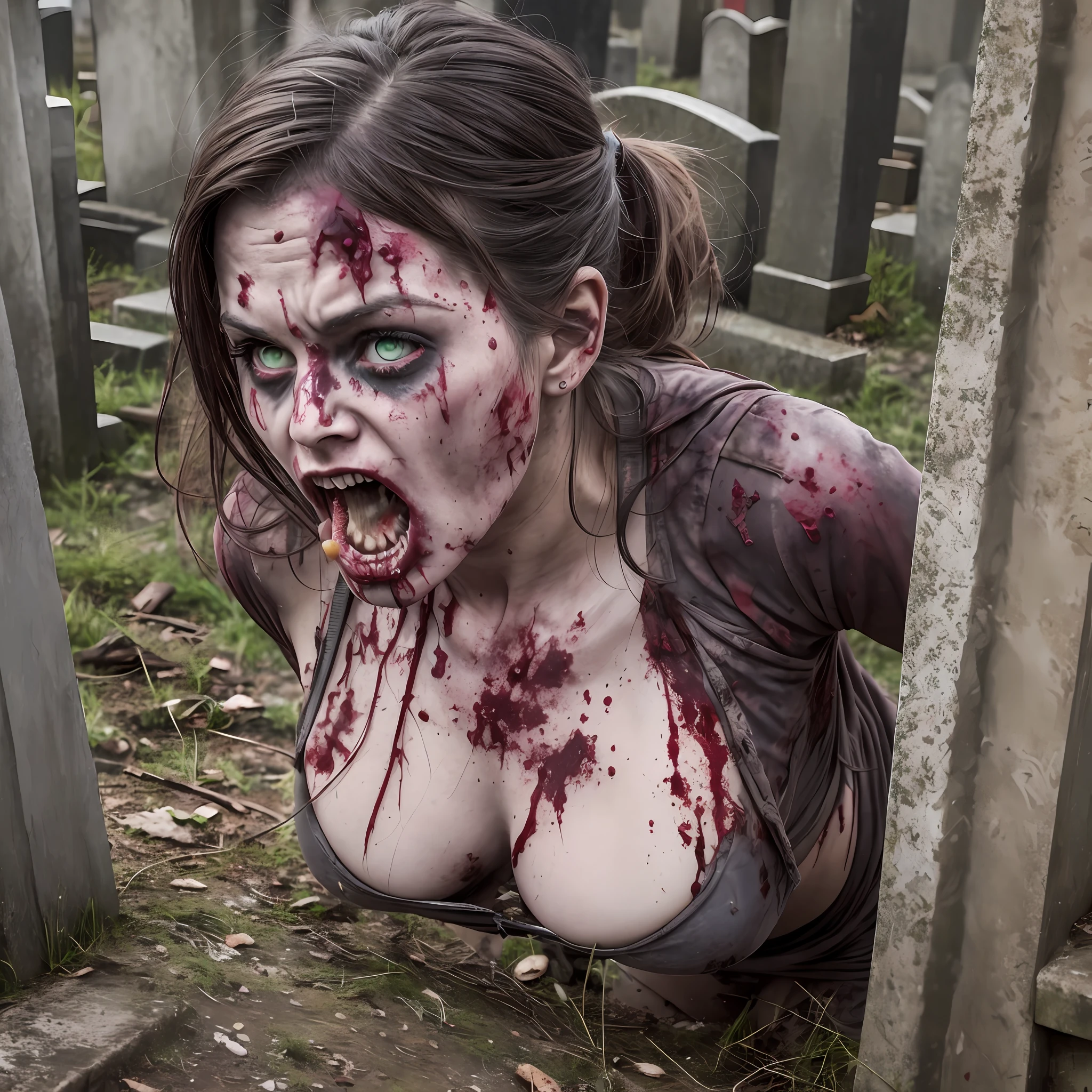 A zombie woman, realistic photo, dirty, undead, graveyard, very hungry, attacking, rage, adult --auto --s2