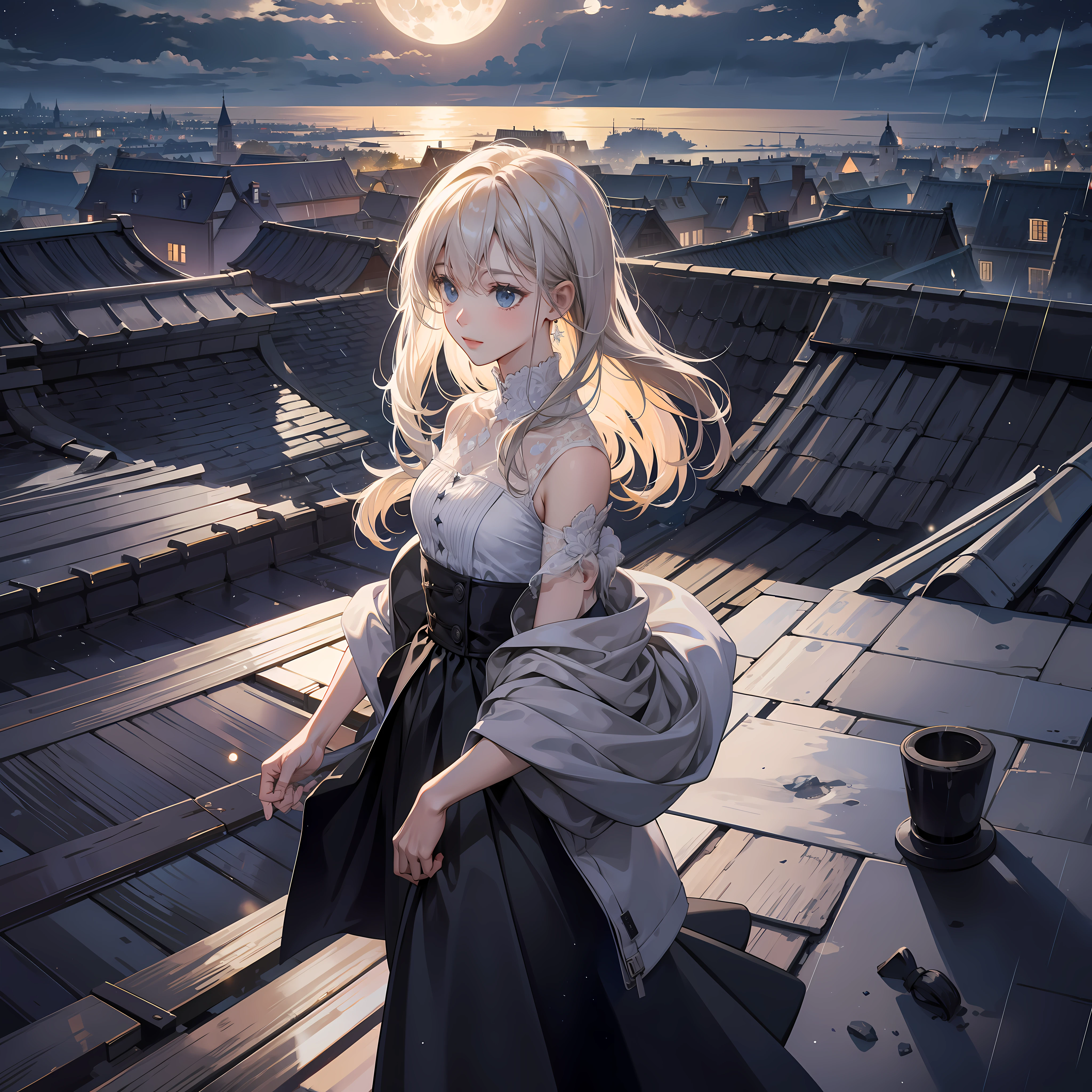 Full moon, night, rooftops, rain, stars