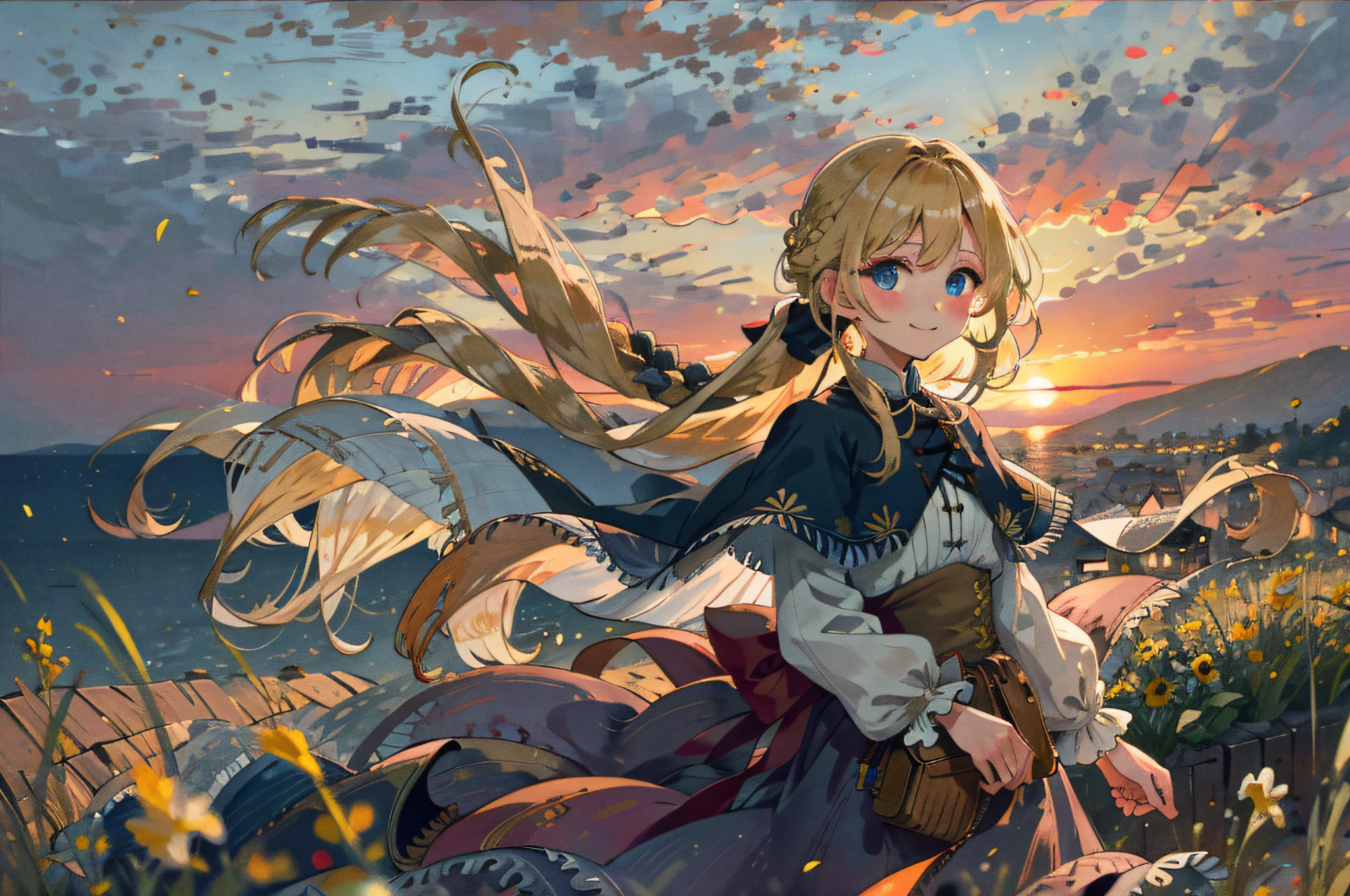 best quality, masterpiece, extremely detailed, detailed background, 1girl, solo, yellow hair, blue eyes, braid, long hair, wavy hair, fluffy hair, ponytail, french braid, blush, smile, capelet, lace trim, bodice, sunset, dusk, scenery, high place, horizon, wind, wind blow, flowerbed, looking at viewer, depth of field, bokeh