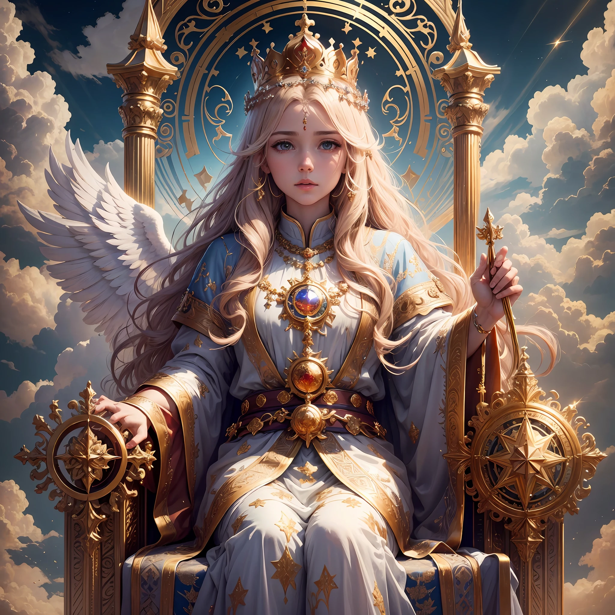 God looking at humanity, ultra-realistic 8k 9k clouds gold gate of heavenly grace, jasmin colors of precious stones, throne of God! Ulta realist, crown, angels of God in seraphim clouds and cherubim --auto --s2