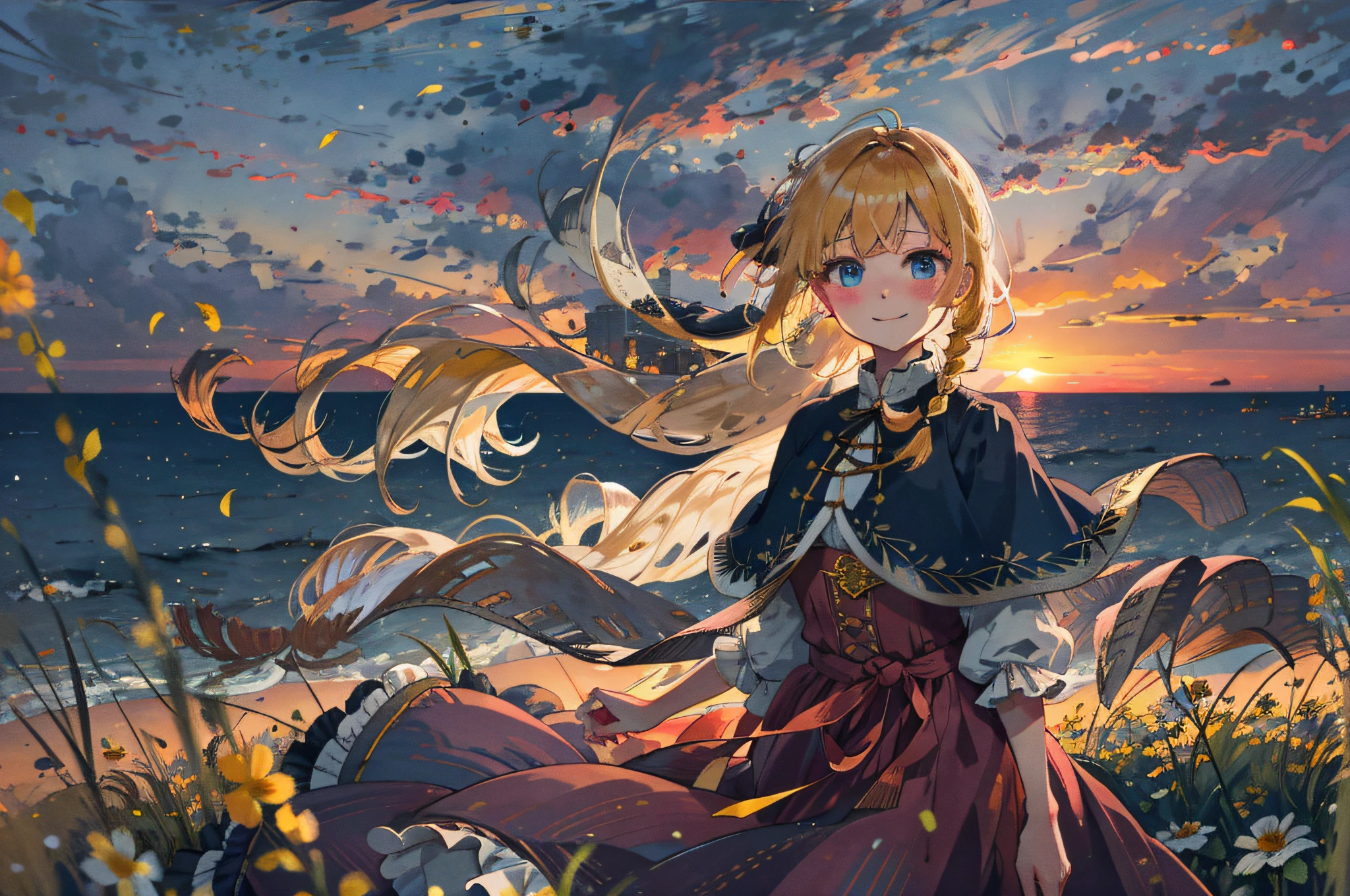 best quality, masterpiece, extremely detailed, detailed background, 1girl, solo, yellow hair, blue eyes, braid, long hair, wavy hair, fluffy hair, ponytail, french braid, blush, smile, capelet, lace trim, bodice, sunset, dusk, scenery, high place, horizon, wind, wind blow, flowerbed, looking at viewer, depth of field, bokeh
