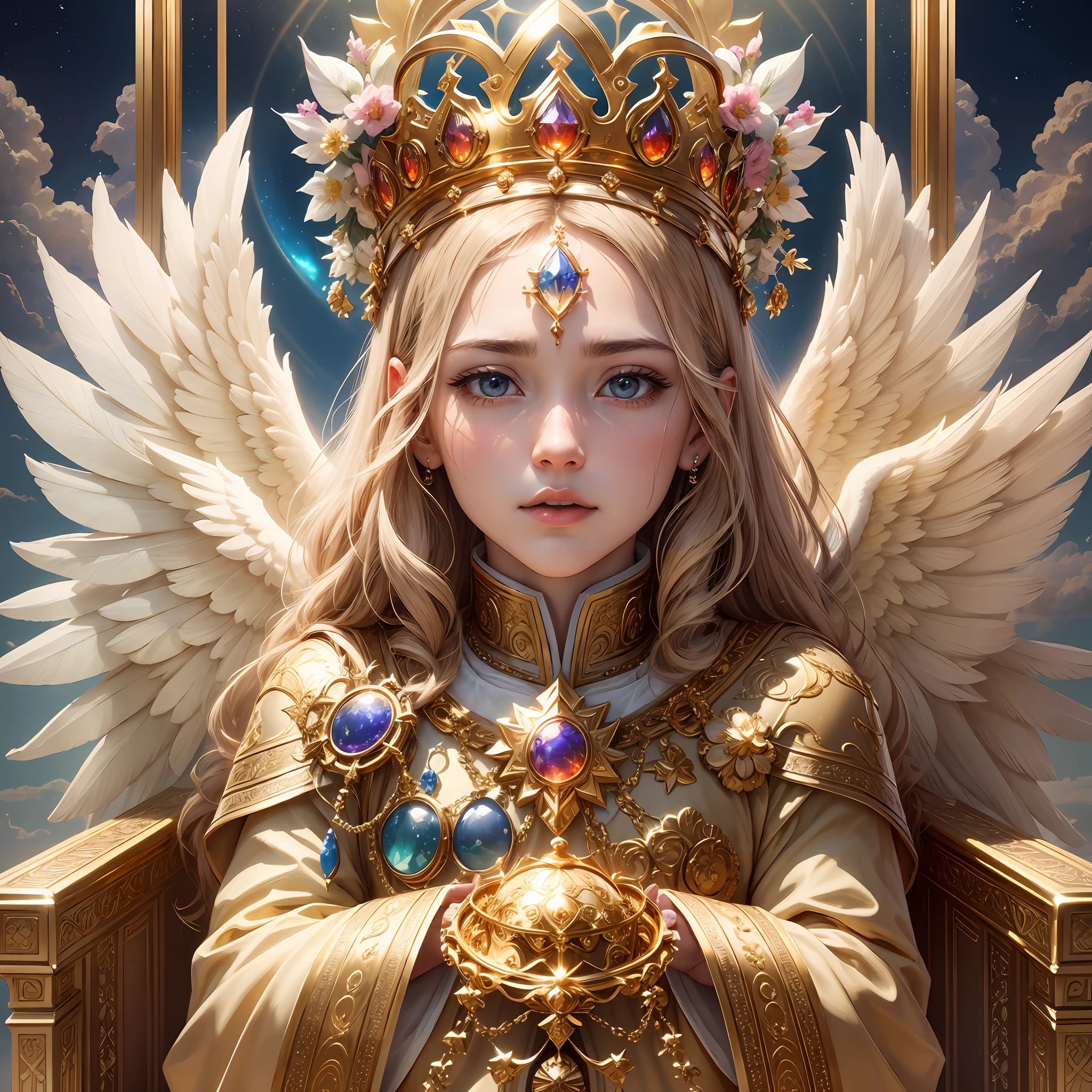 God looking at humanity, ultra-realistic 8k 9k clouds gold gate of heavenly grace, jasmin colors of precious stones, throne of God! Ulta realist, crown, angels of God in seraphim clouds and cherubim --auto --s2