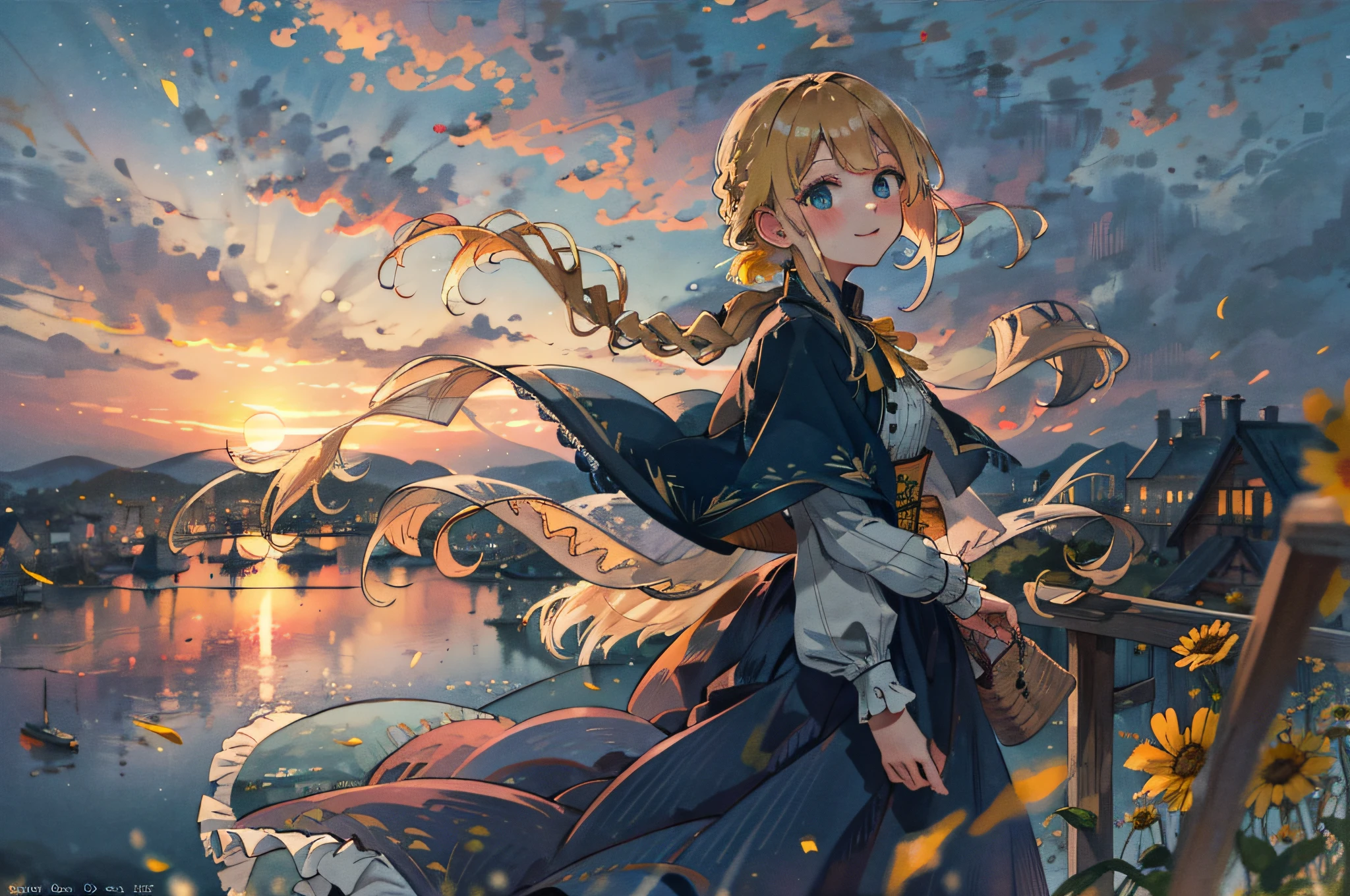 best quality, masterpiece, extremely detailed, detailed background, 1girl, solo, yellow hair, blue eyes, braid, long hair, wavy hair, fluffy hair, ponytail, french braid, blush, smile, capelet, lace trim, bodice, sunset, dusk, scenery, high place, horizon, wind, wind blow, flowerbed, looking at viewer, depth of field, bokeh