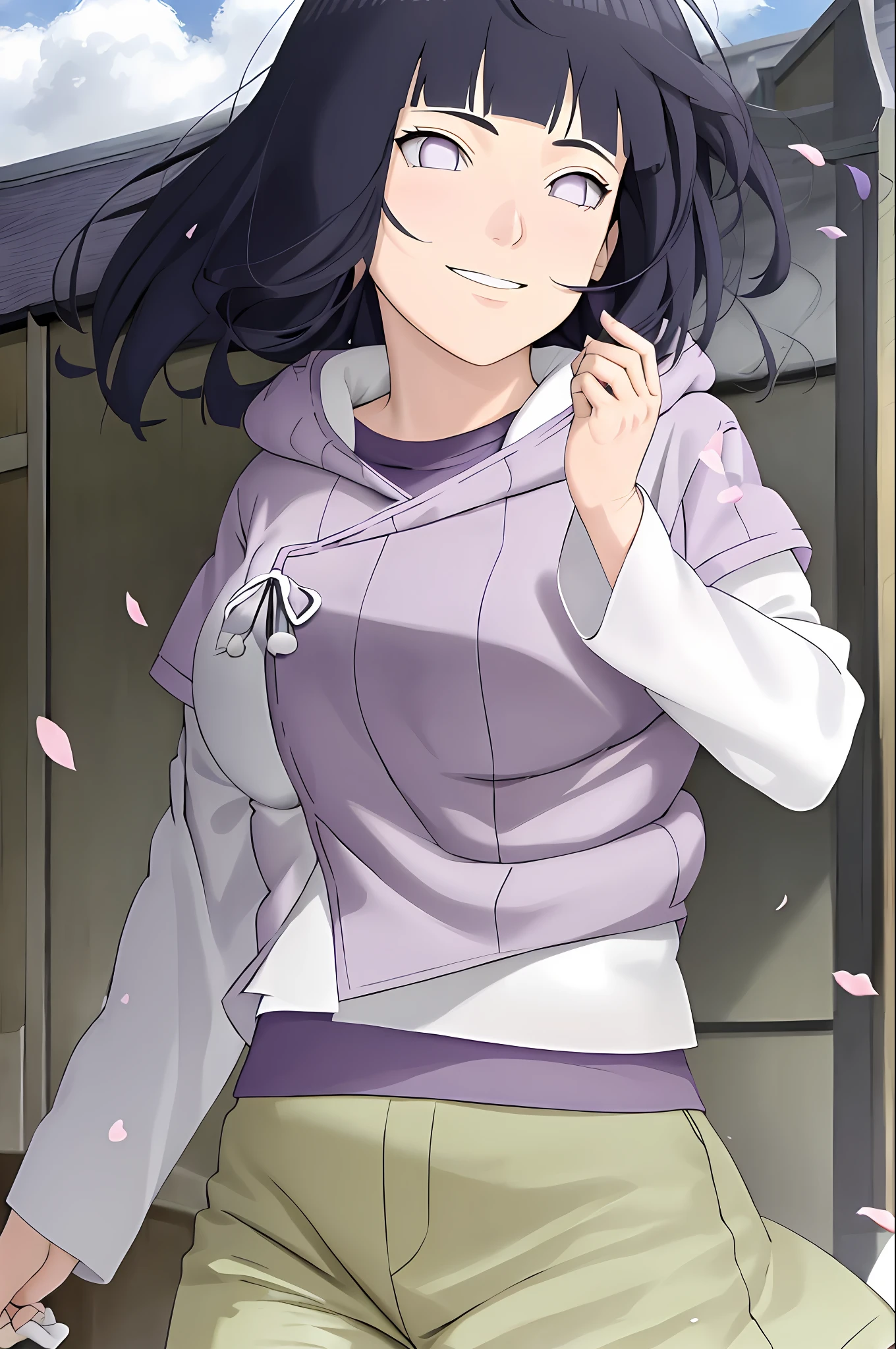 masterpiece, absurdres, hinata\(boruto\), 1girl, solo,mature female, purple hoodie,layered sleeves, brown pants, outdoors,lavender flower field, wind, floating hair,hand on own chest, looking at viewer, smile, (falling petals), cloudy sky,big breast, big tits,big boobs