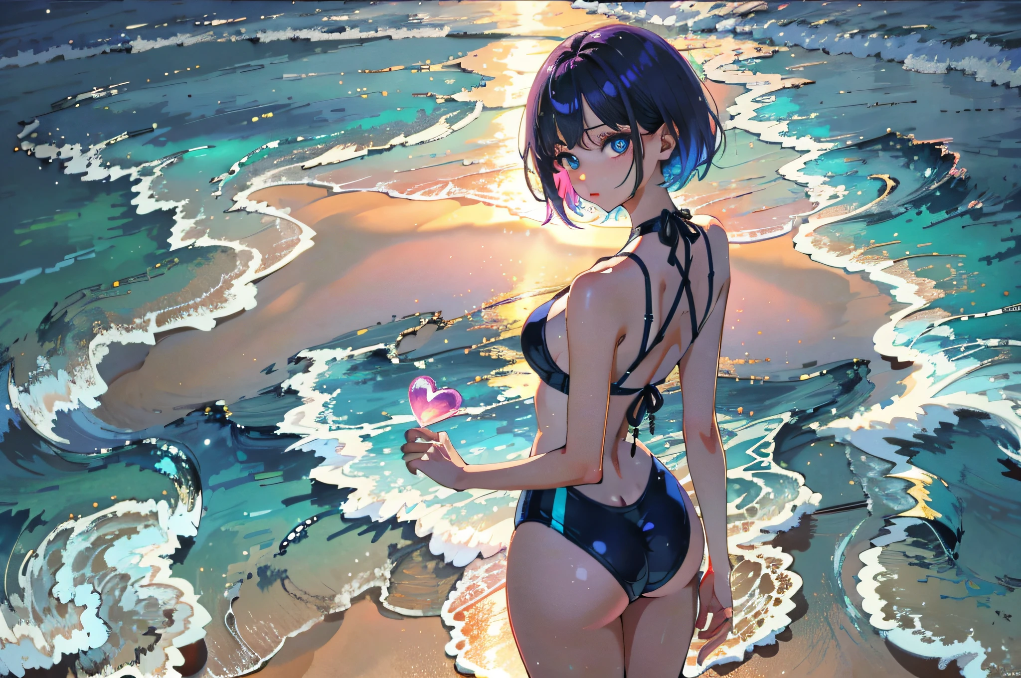 swimsuit, bikini, short_hair, medium_breasts, medium_hair, small_breasts, sweater, beautiful, masterpiece, bright colors, simple background, perfect lighting, perfect shadows, perfect eyes, perfect hair, perfect body, looking at the viewer, heart-shaped pupils, standing, slim, standing with your back to the viewer, best quality, detailed image, colorful, gorgeous body, hourglass body, standing your booty directly towards the viewer, standing backwards, unbelievably shiny body, one girl, one character, solo, 1girl, beautiful, masterpiece, detailed image, colorful, detailed face, perfect lighting, perfect shadows, perfect eyes, girl focus, perfect hair, flawless face, shiny body, 1girl, solo, center focus, incredibly shiny body