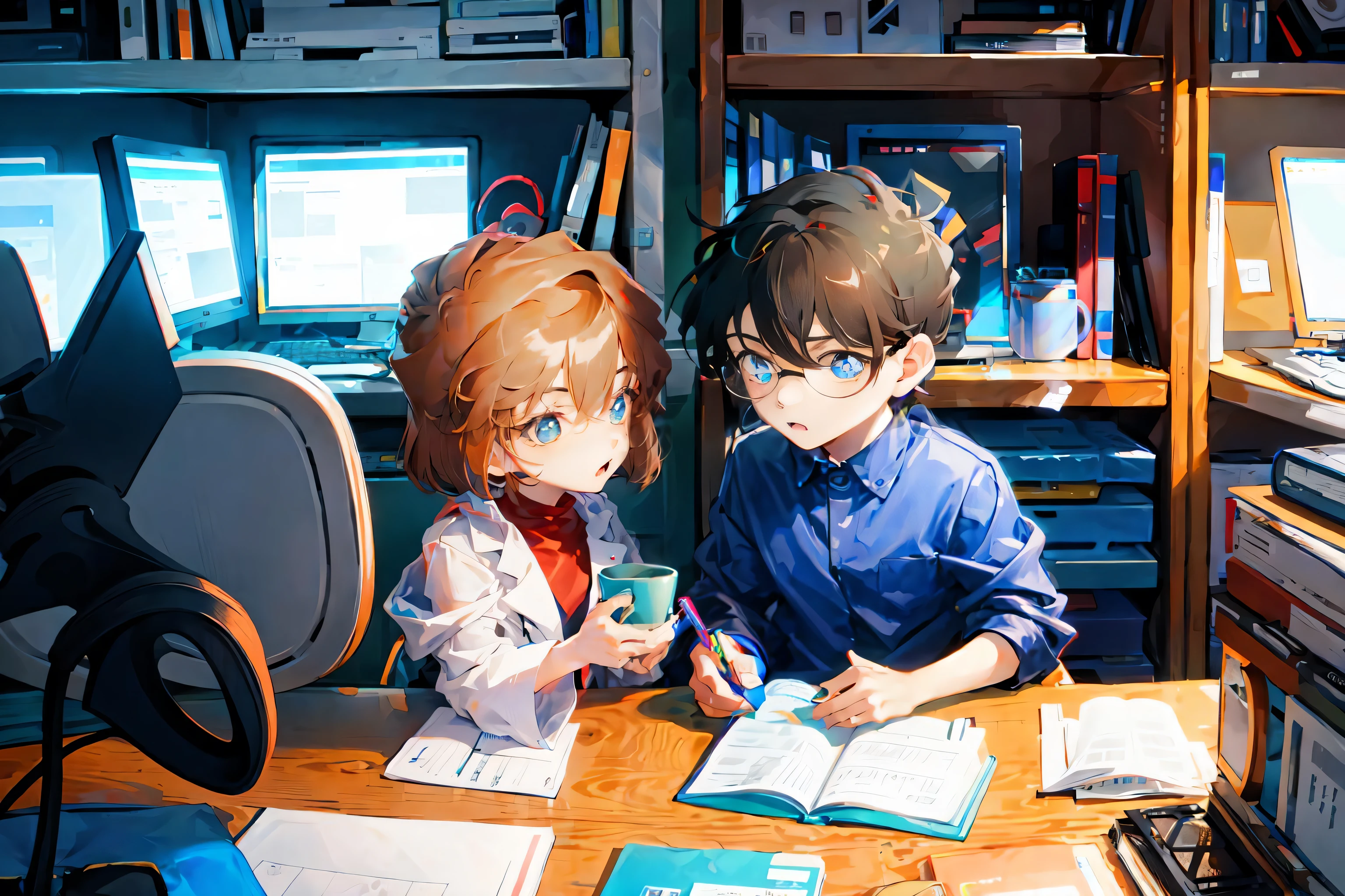masterpiece, best quality,brown hair, 1girl,beautiful eyes, labcoat, 1boy, sitting, blue T-shirt, computer, sitting, short hair, book, phone, cup, black hair, blue eyes, glasses, box, cellphone, holding, male child, chair, mug, child, monitor, indoors, white scheme, perfect hands,