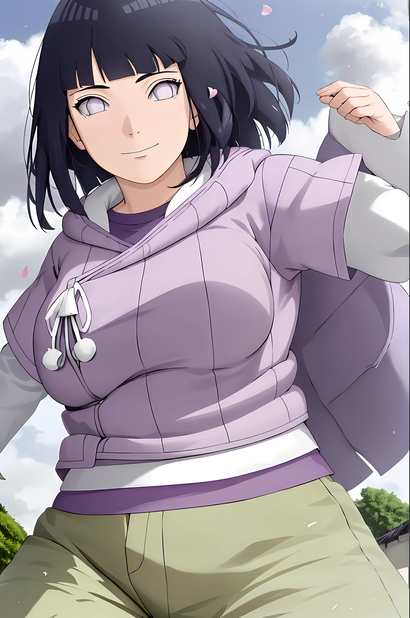 masterpiece, absurdres, hinata\(boruto\), 1girl, solo,mature female, purple hoodie,layered sleeves, brown pants, outdoors,lavender flower field, wind, floating hair,hand on own chest, looking at viewer, smile, (falling petals), cloudy sky,big breast, big tits,big boobs