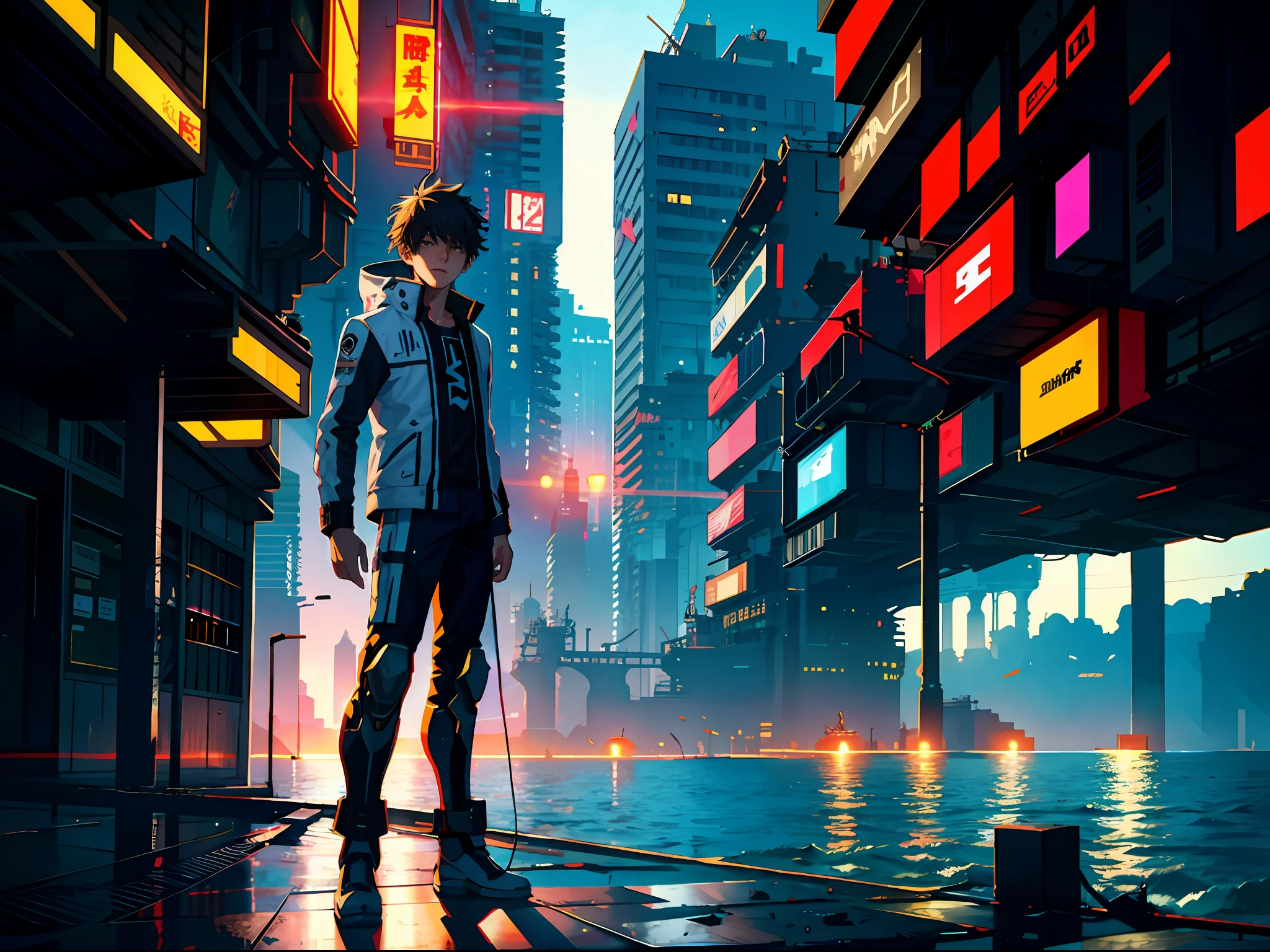 HD clear, best images, illustrations, super detailed, a young ager in a cyberpunk-style white combat uniform, standing on a seaside pier,