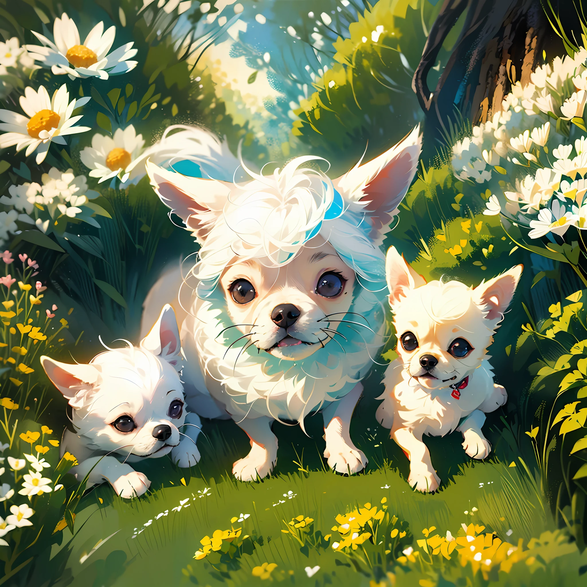 (cute chihuahua dog, same figure, front, side, back), big eyes, happy, white hair, LINEART, drawing page black and white, casual style, running, forest, flowers, trend --auto --s2