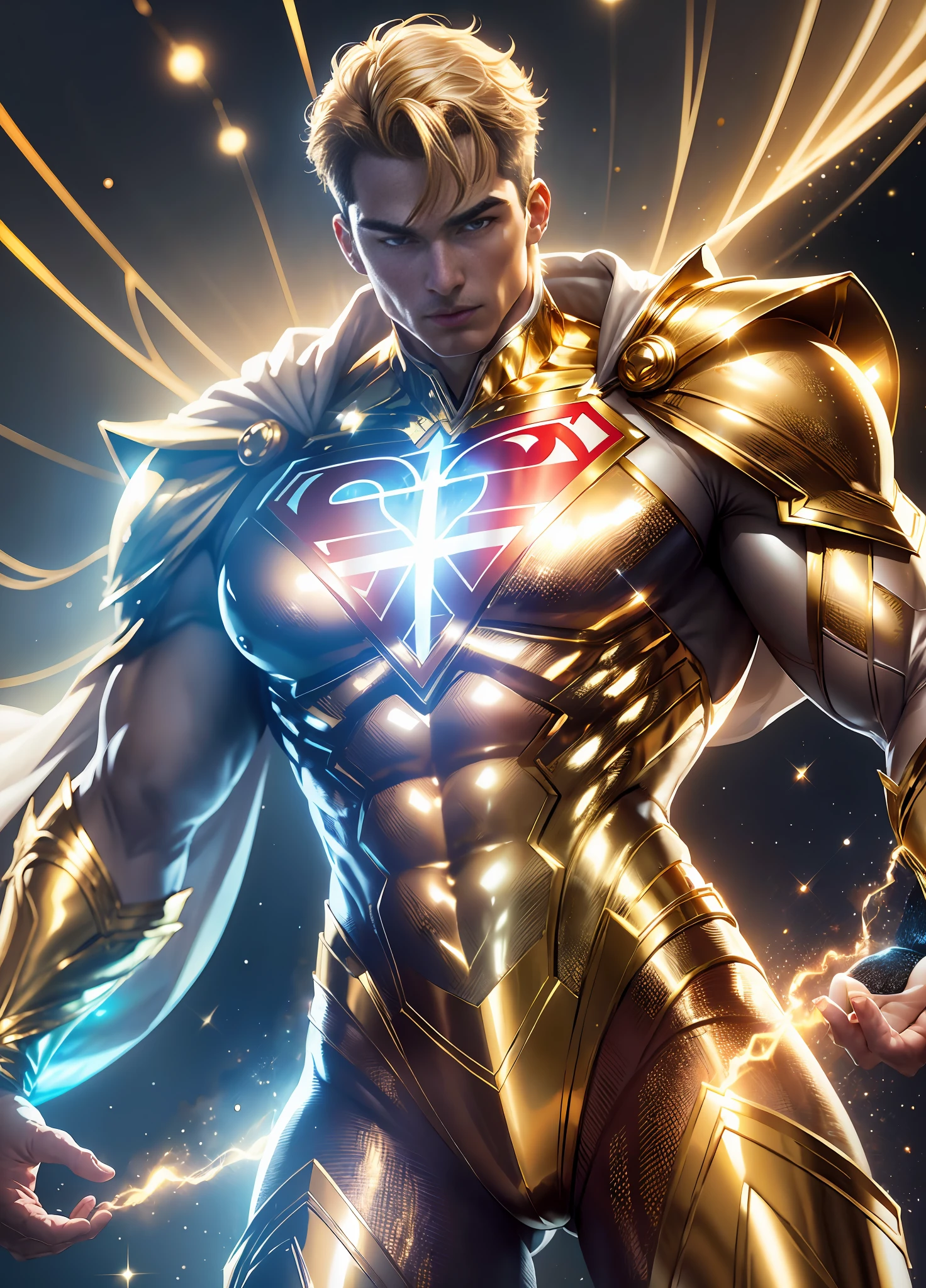 Golden Superman, shimmering golden costume with pearly White, perfect hands with four fingers and a thumb, (8k extremely detailed CG unit wallpaper, Golden uniform, gold Golden Superman costume, masterpiece, best quality, ultra-detailed), (best lighting, best shadow, extremely delicate and beautiful), floating, [(((1man))), (Superman: 1.3), muscles, bright blue lines, detailed costume, heroic pose):0.8],  [(celestial landscape, night, bright neon lights:1.2, blue energy effects, volumetric light):0.5]