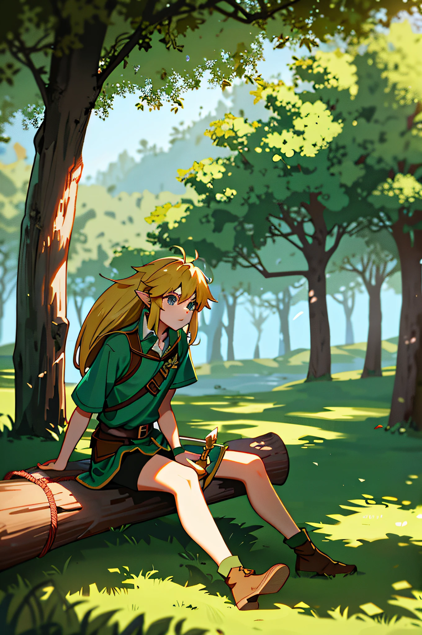 Anime Link of the wild version's breath, sitting on a log in the forest, sword and shield on the ground resting on a tree