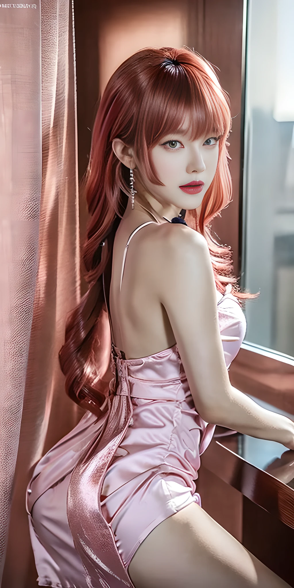 Best quality, 8k, 32k, Masterpiece, UHD:1.2), (Cowboy shot of a Pretty korean woman 18 years old), 1girl,extremely detailed face, extremely detailed eyes, (red long hair with korean bangs), looking at viewer, double eyelid, medium breasts, cleavage, solo focus, off shoulder , (pink cocktail dress:1.3), ,on a white hotel room with a big window ,abs,(bottom_view, photo_from_bottom, upskirt:1.3)