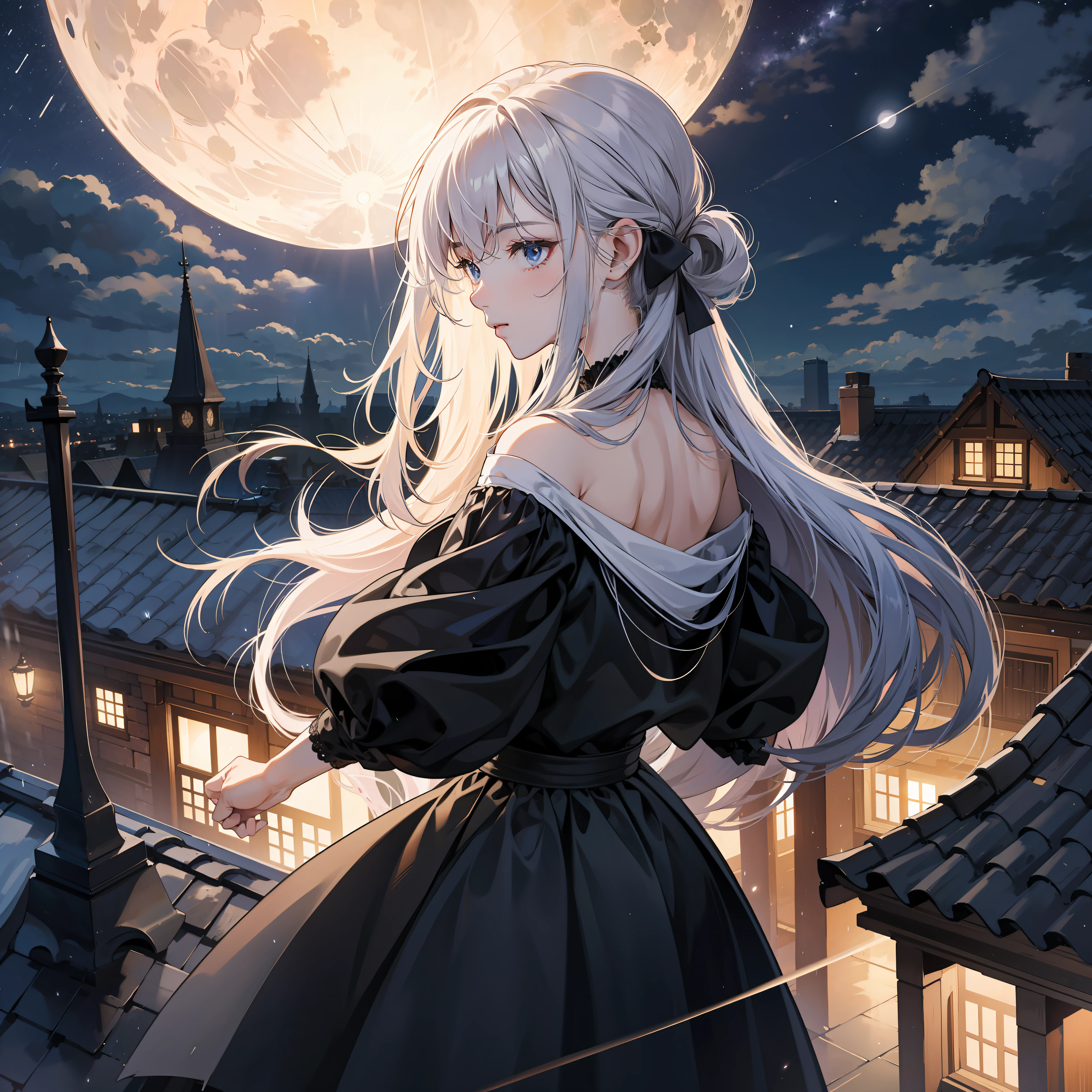 Full moon, night, rooftops, rain, stars