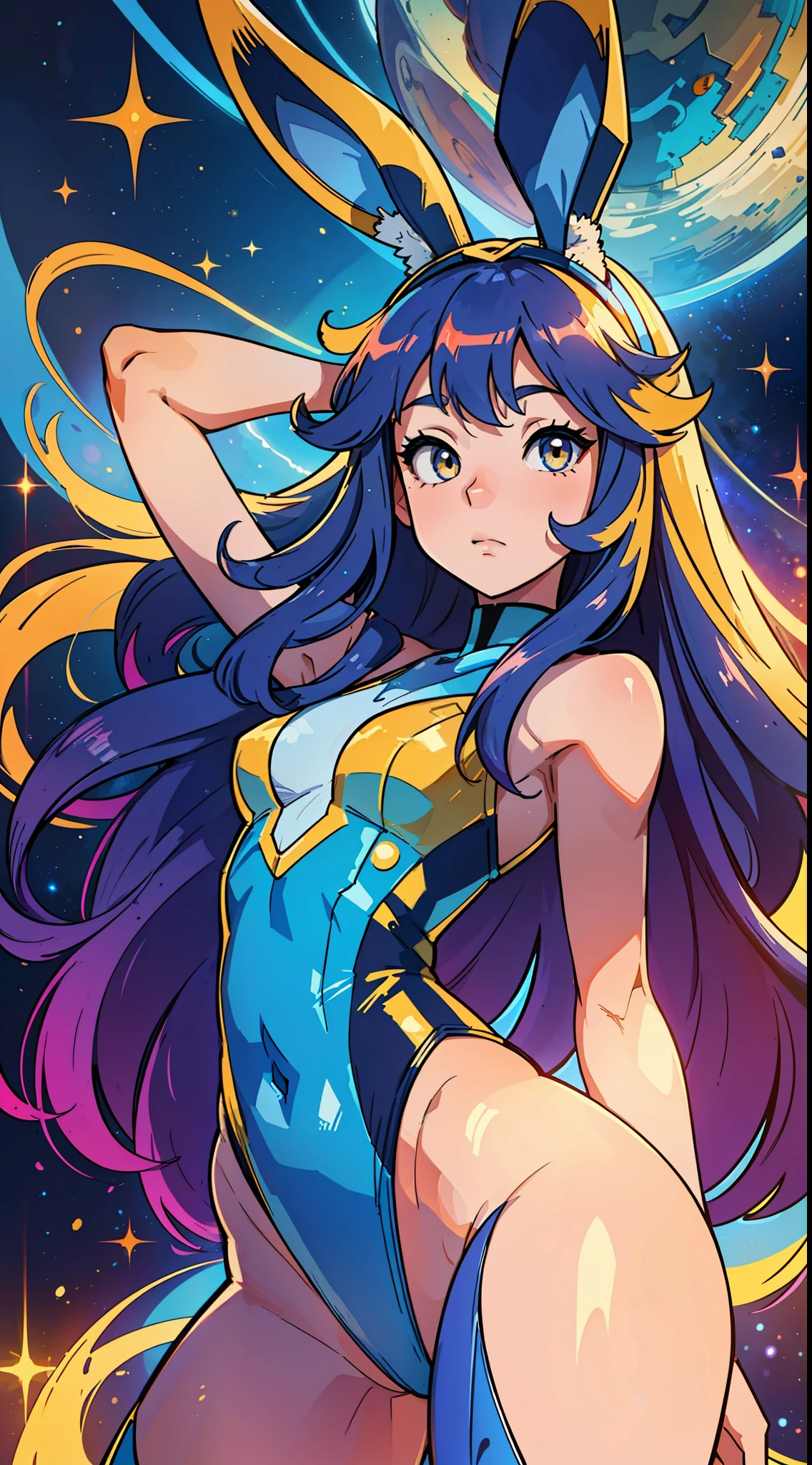 rabbit woman with blue and yellow eyes, in a blue bathing suit, long messy orange hair, hair with rabbit ears same color bunny ears, space dandy, space hero, galactic hero, anime hero female, small smirk, long legs, mid bust, womanly figure. 8k,(RAW photo, best quality), (beautiful composition, coherent:1.3)
	
	beautiful detailed eyes, extremely detailed eyes and face, perfect anatomy, 		
	an extremely delicate and cute cubby face, big round eyes
	natural lighting, cinematic,