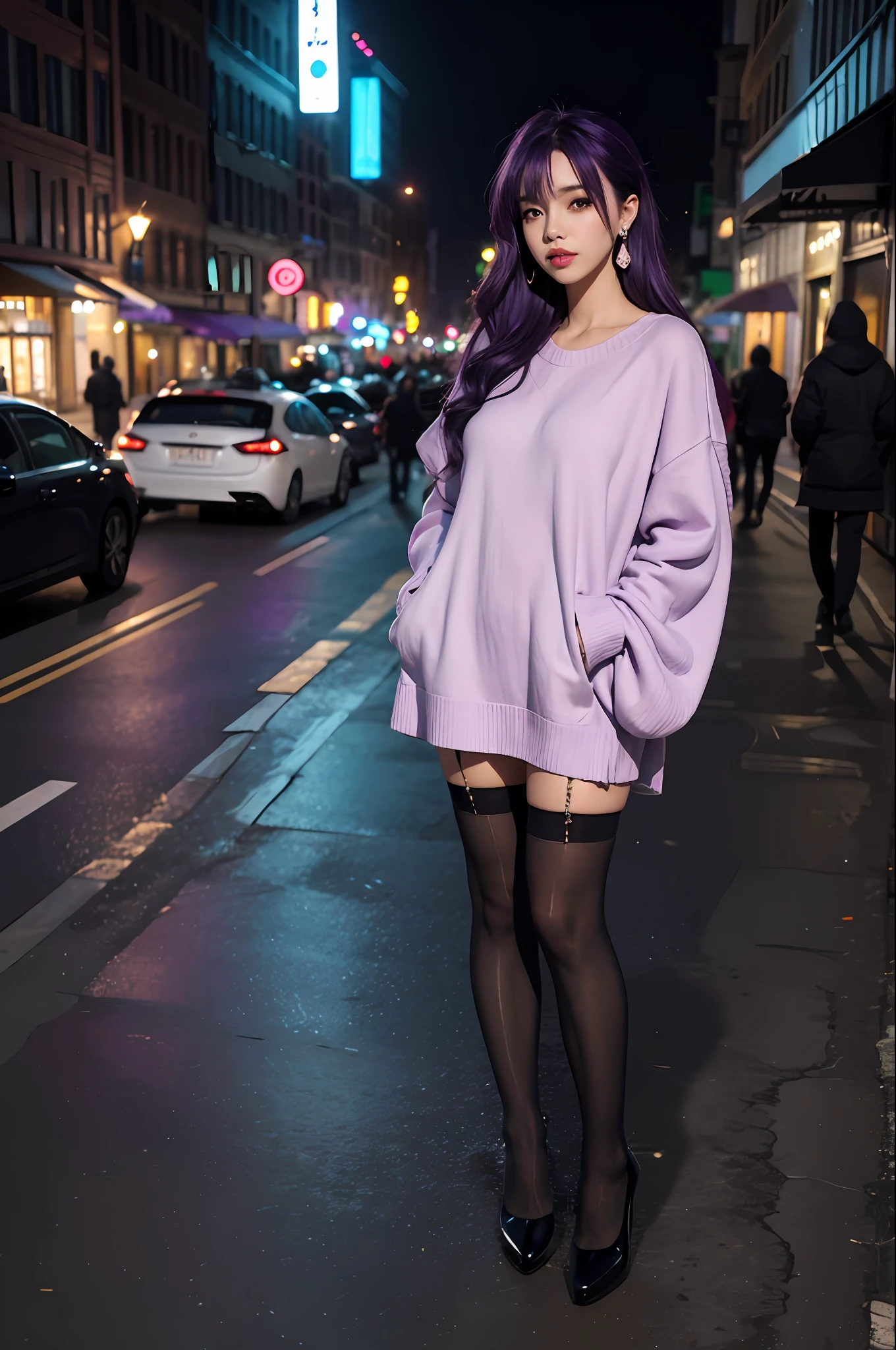 1girl, street, night, cityscape, city lights, full body, stockings, 8k, raw photo, best quality, masterpiece, realism, tiara, purple hair, shiny earrings, jk