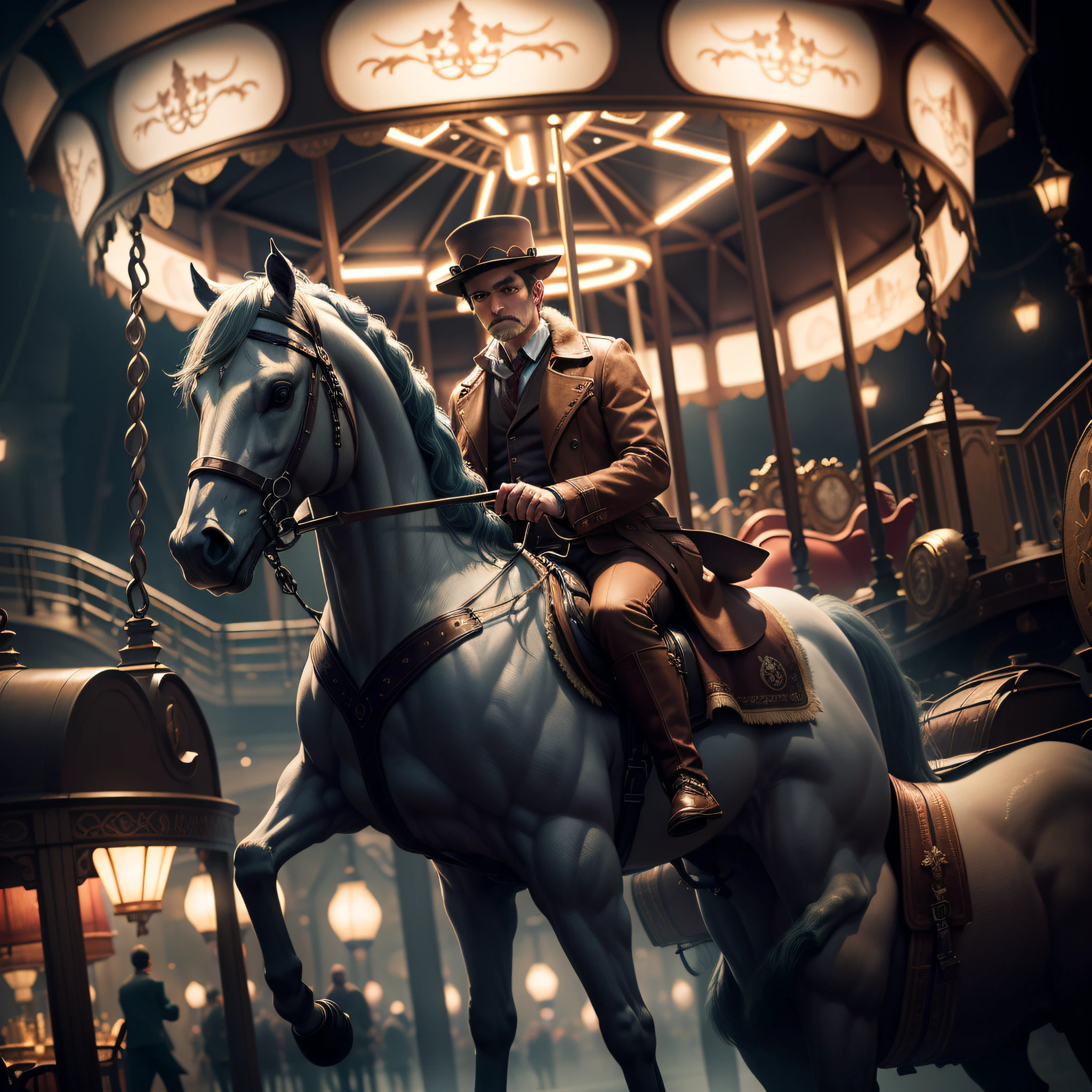 Create an image of an amusement park carousel in a charmingly mysterious environment. Mist and fog envelop the carousel, creating a magical backdrop. In the center of the carousel, there is a man with his back to the camera, wearing a dark overcoat and an equally dark hat,( man with 2 legs and 2 arms). The soft and subtle mist gives the impression that he suddenly appeared on the spot. The carousel's colorful lights glow softly, partially revealing the man and adding a touch of enchantment to the scene. The combination of the hazy atmosphere and the enigmatic man creates a sense of mystery and fascination,( ultra realistic, realistic and coherent, mixed art, professional photography, an ultra realistic, looks realistic, a hyper realistic, very very realistic, incredibly realistic, carrrossel , very realistic