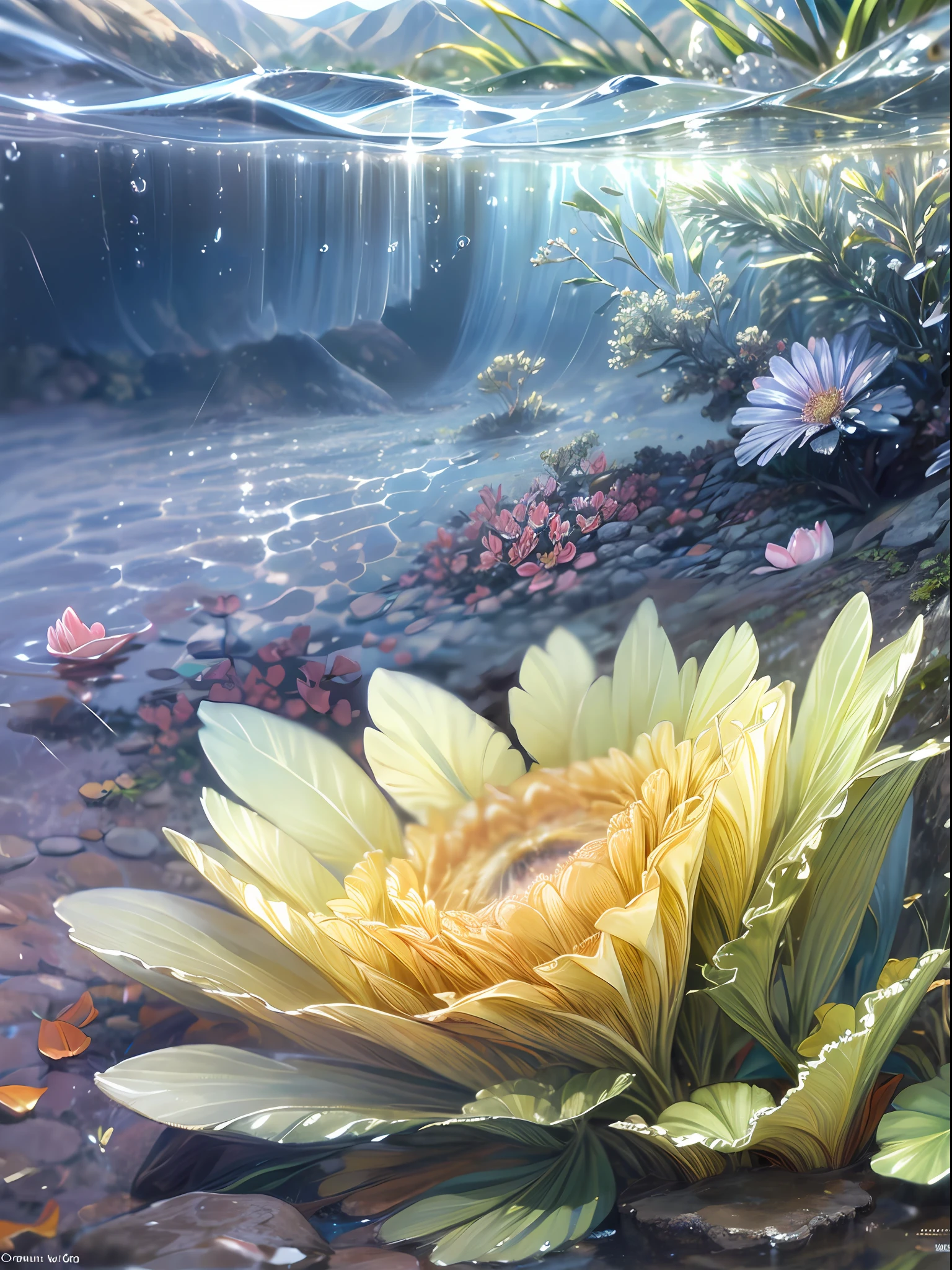 (masterpiece, highest quality, photorealistic, perfect, 8k, RAW, high definition), underwater, shimmer, light coming in from the surface of the water, flowers, petals, water flow, undulation, transparency, depth --auto --s2