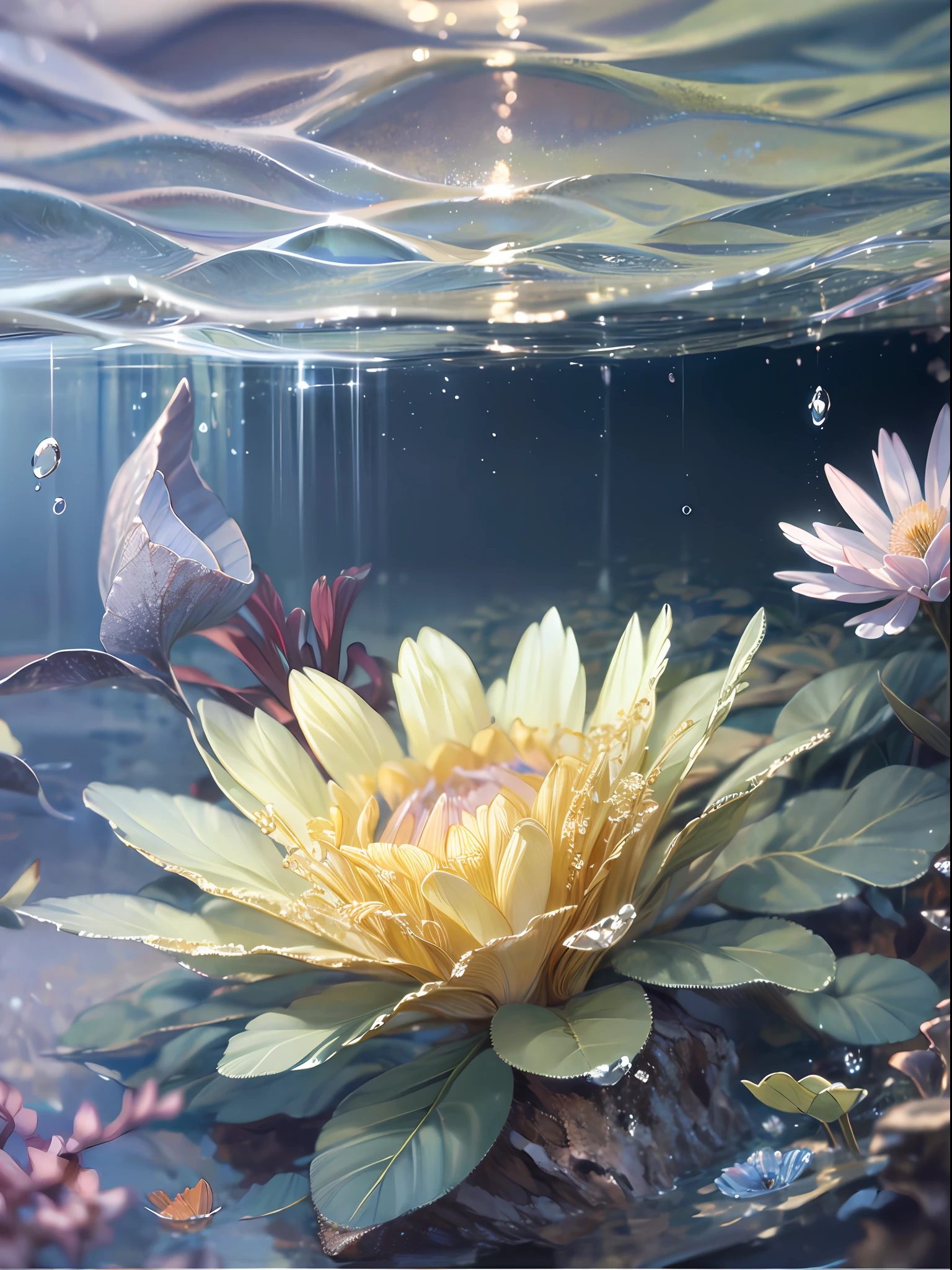 (masterpiece, highest quality, photorealistic, perfect, 8k, RAW, high definition), underwater, shimmer, light coming in from the surface of the water, flowers, petals, water flow, undulation, transparency, depth --auto --s2