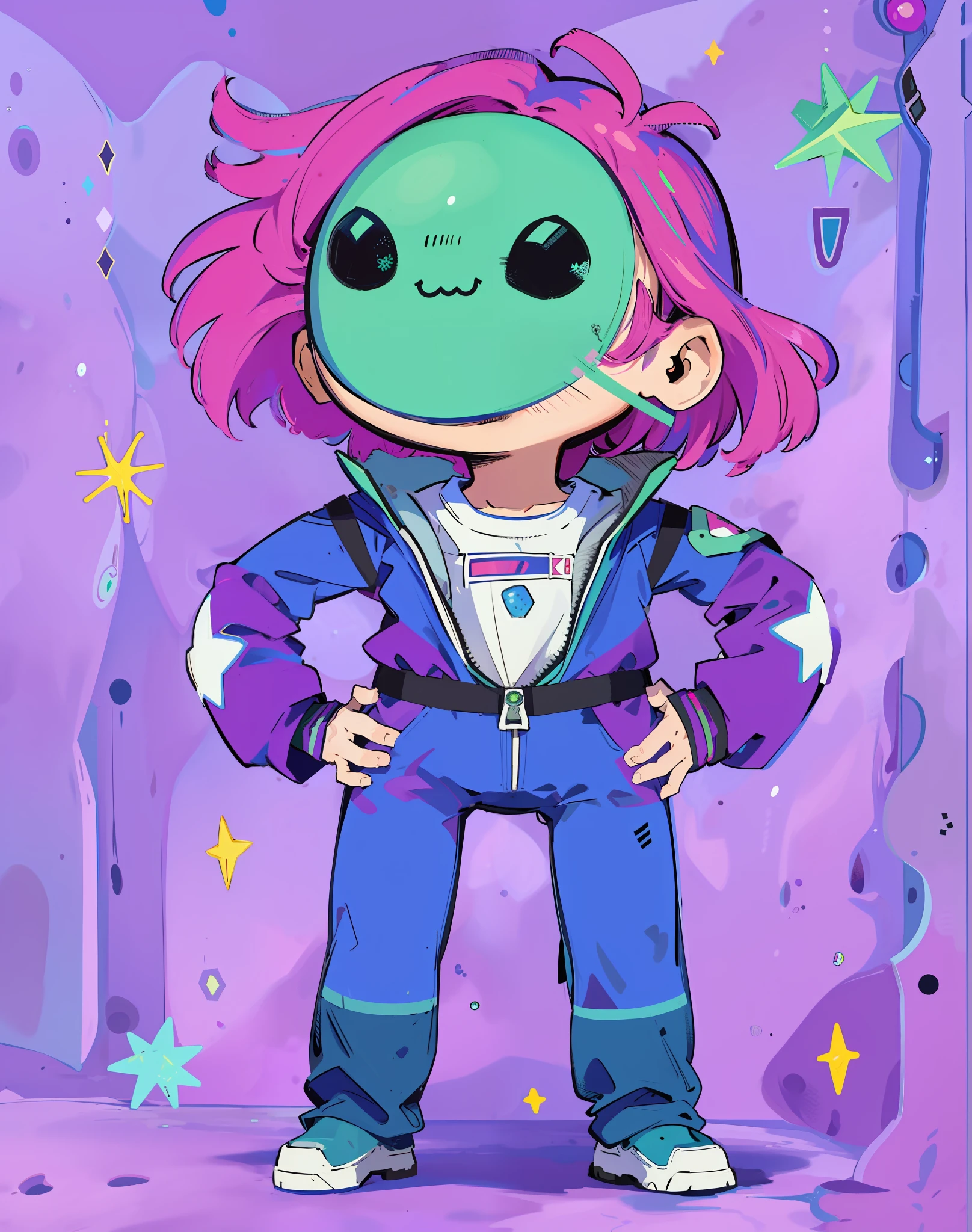cartoon girl with pink hair and green mask standing in front of stars, in a space cadet outfit, space molly, wears a spacesuit, girl in space, cosmic girl, steven universe style, in spacesuit, dressed in stars and planets, space alien, alien girl, star child, wears tiny spacesuit, an evil alien astronaut, portrait anime space cadet girl