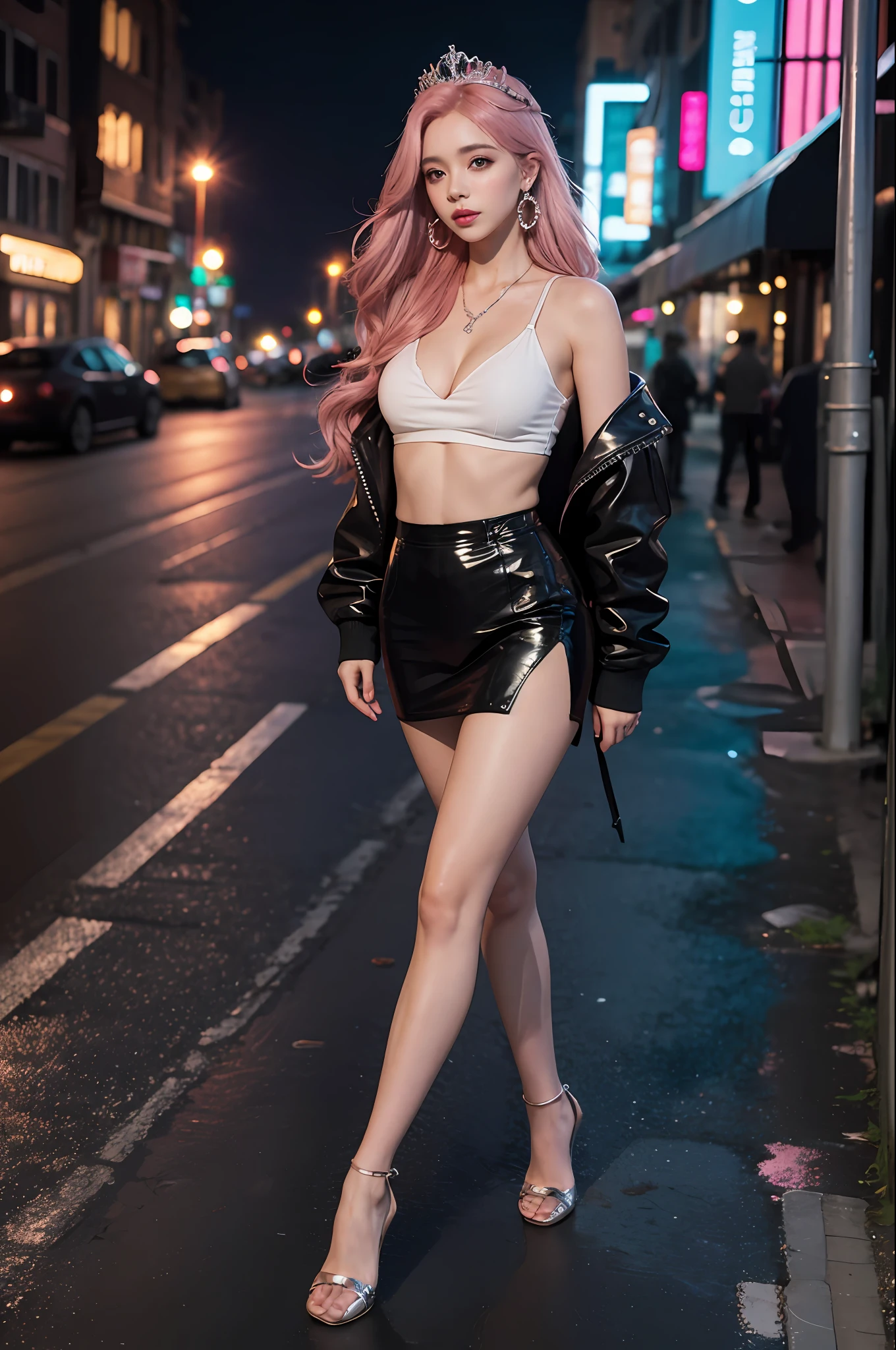 1girl, street, night, cityscape, city lights, full body, stockings, 8k, raw photo, best quality, masterpiece, realism, tiara, pink hair, shiny earrings, jk