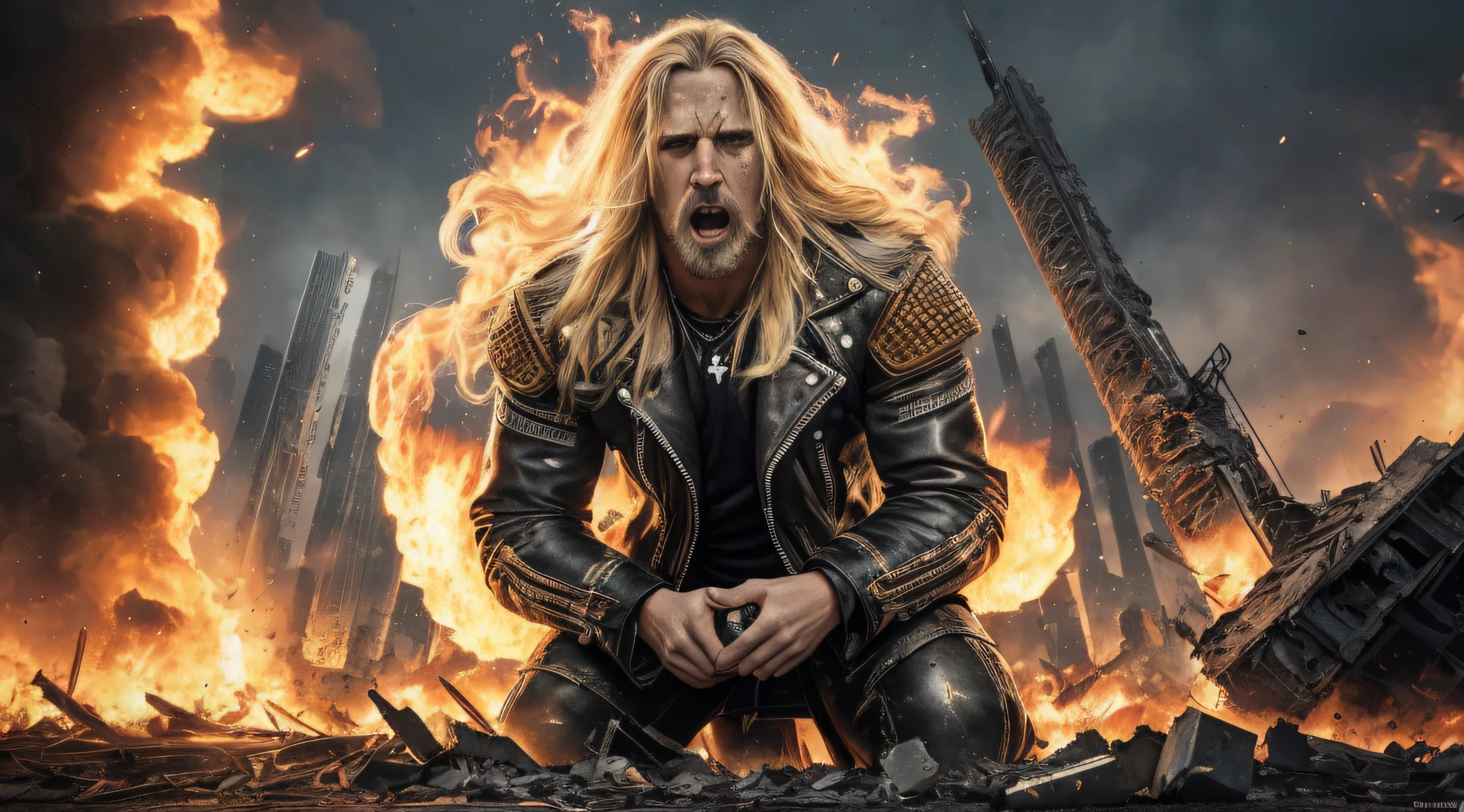 best quality, ultra high resolution, (photorealistic: 1.4), THREE men LONG BLONDE HAIR, a closeup .leather jackets, destruction, heavy metal band promotion, 4k destruction, devastation, destructive, total destruction, smoke and destruction, official art, destruction around you, desolation, demolition, heavy rock band promo photo, city destruction, thrash metal, distortion, massive destruction, destroyed, detonation, robot destruction, cosmic destruction