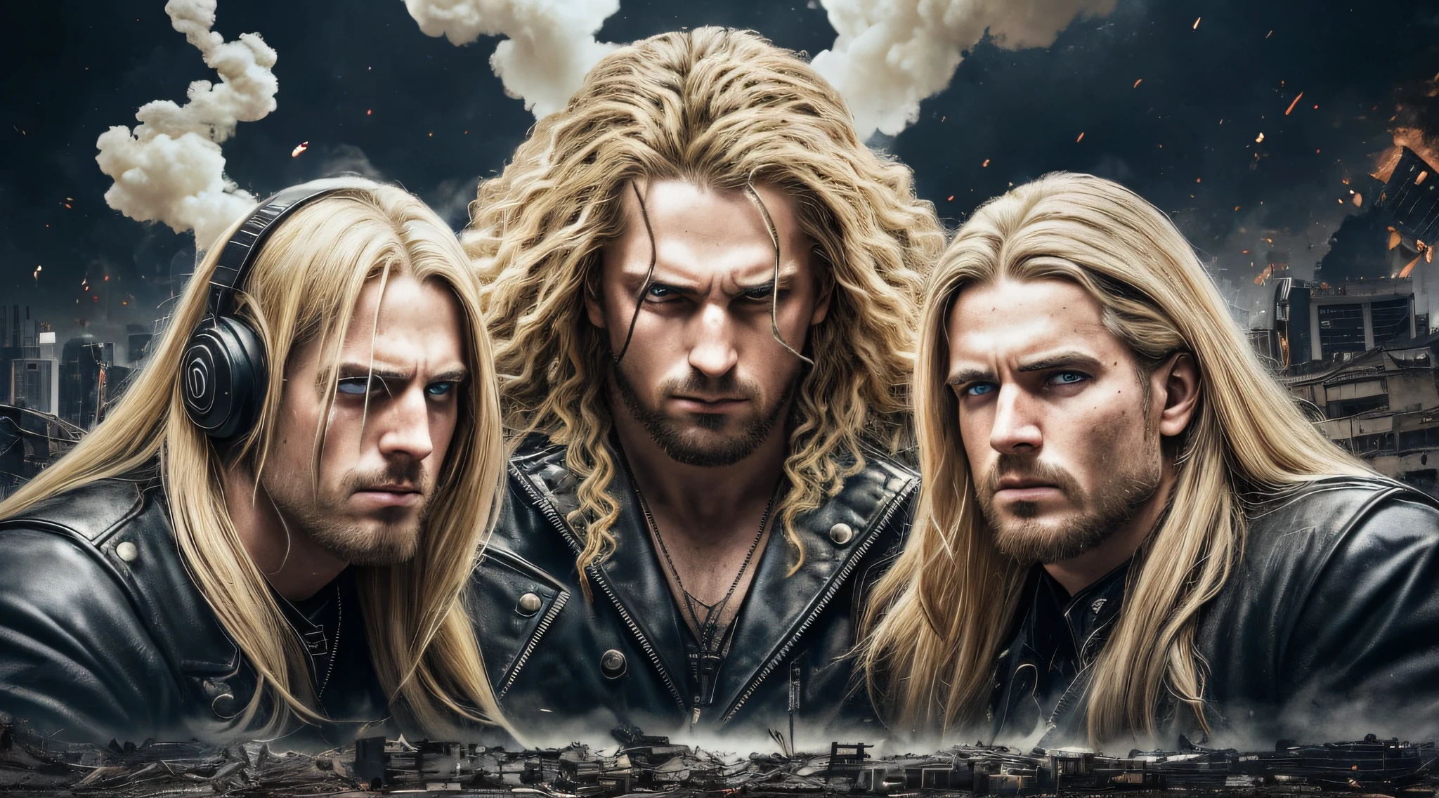 best quality, ultra high resolution, (photorealistic: 1.4), THREE men LONG BLONDE HAIR, a closeup .leather jackets, destruction, heavy metal band promotion, 4k destruction, devastation, destructive, total destruction, smoke and destruction, official art, destruction around you, desolation, demolition, heavy rock band promo photo, city destruction, thrash metal, distortion, massive destruction, destroyed, detonation, robot destruction, cosmic destruction