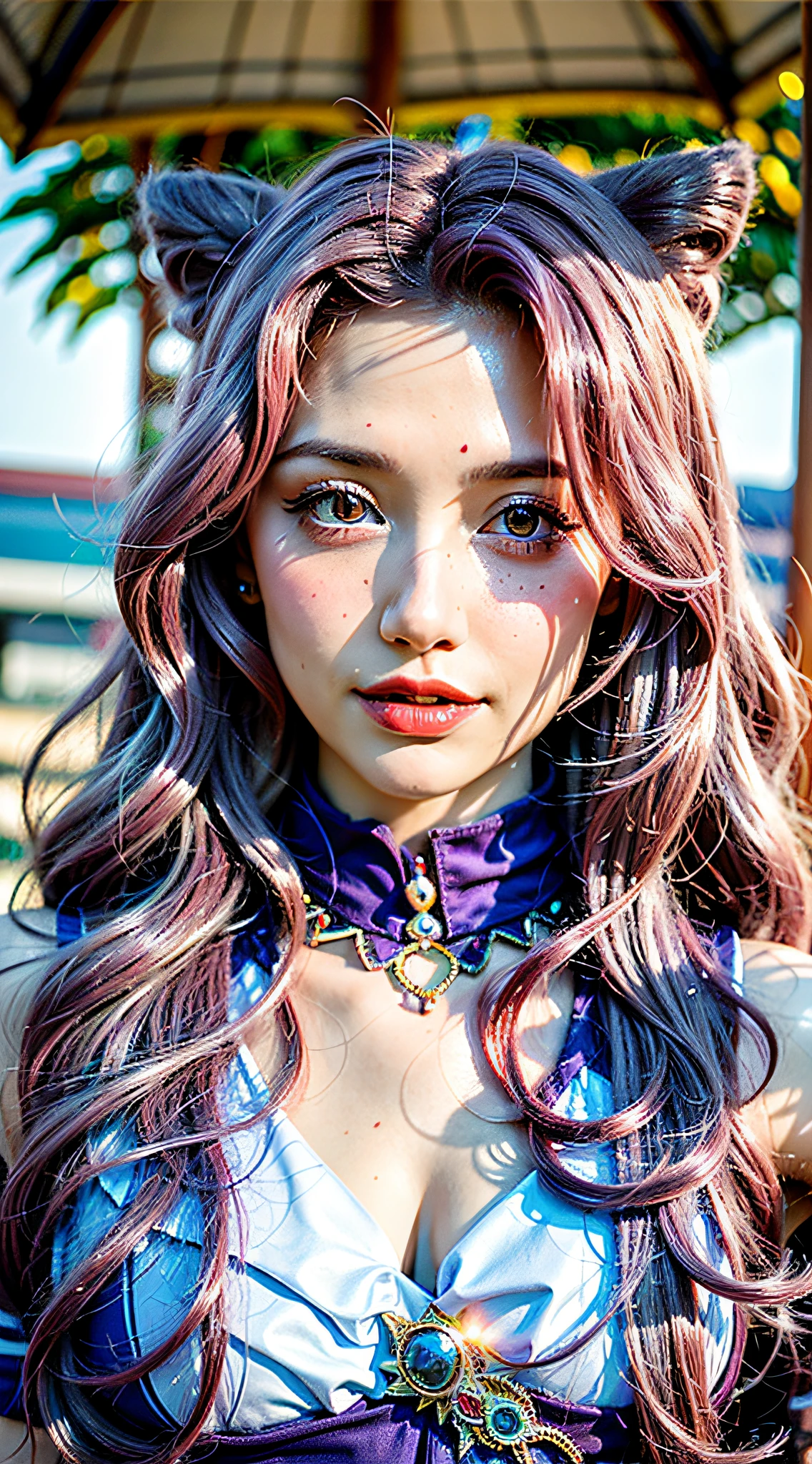 (((PHOTOREAL))) Woman of about thirty years, long wavy hair, violet eyes, freckles, reddish lips, wearing rings on the ears, reddish hair, age margin 27-33).warm colors, beachy climate,