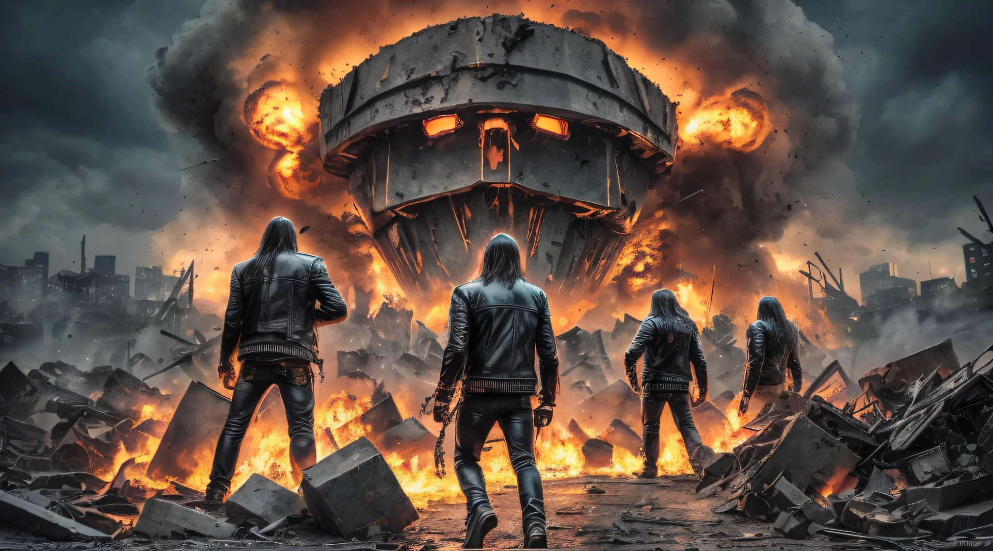 a closeup of FOUR men in leather jackets, destruction, heavy metal band promotion, 4k destruction, devastation, destructive, total destruction, smoke and destruction, official art, destruction around you, desolation, demolition, heavy rock band promo photo, city destruction, thrash metal, distortion, massive destruction, destroyed, detonation, robot destruction, cosmic destruction