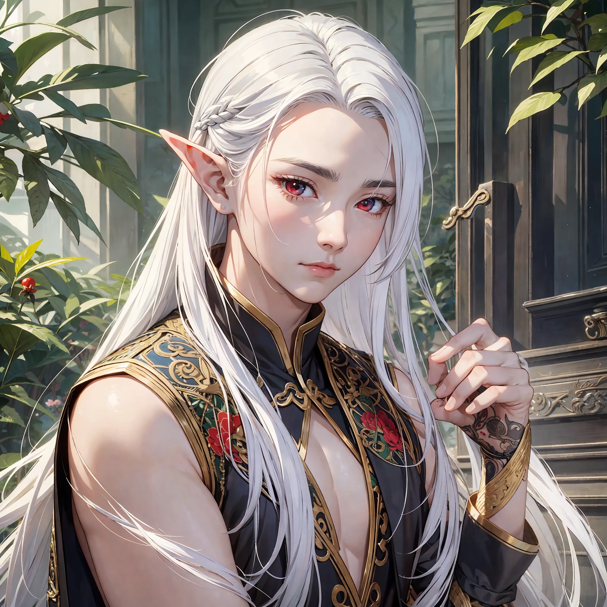 elf, nsfw, masterpiece, best quality, ultra-detailed, semi-realistic, detailed facial features, 1boy, white hair, long hair, red eyes, wearing a detailed and intricate xianxia antique outfit --auto --s2