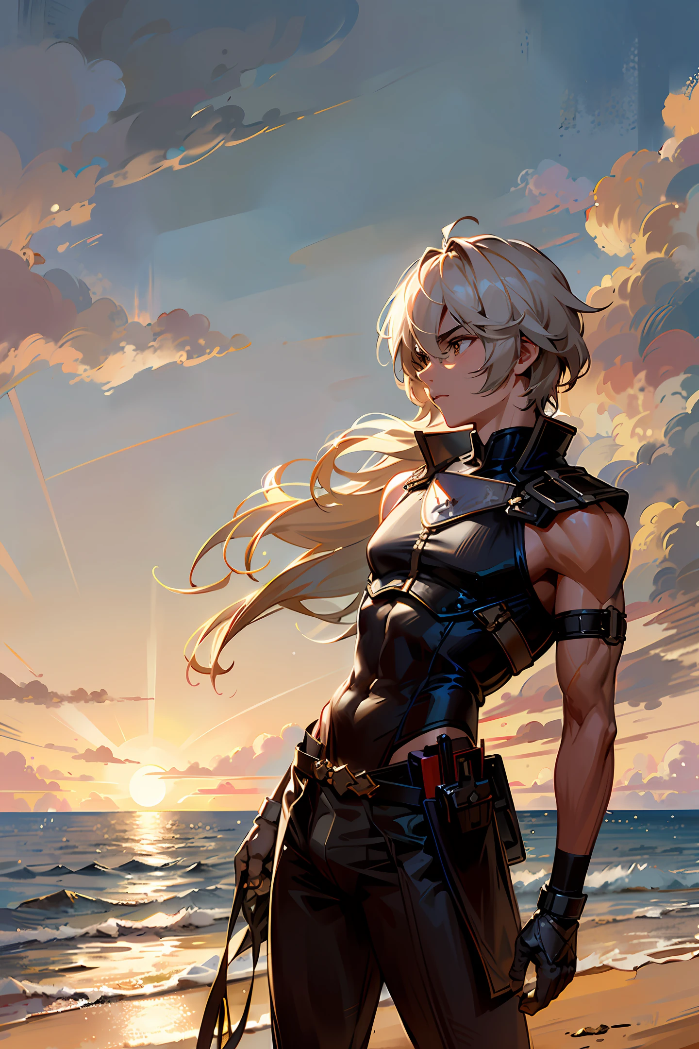 ((best quality)), detailed, ((attractive, but tasteful))warrior man, wearing Spartan-era armor, (((attack pose)), ((flexed body)), ((a touch of sensuality)),((background: a sky with rising sun and clouds)), ((discreet lighting)).
