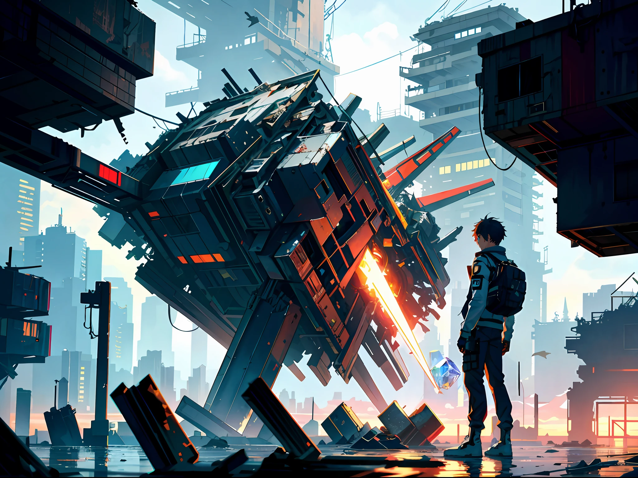 HD clear, best images, illustrations, super detailed, a young ager in a cyberpunk-style white combat uniform, standing on a seaside pier, next to a pile of mechanical wreckage, the teen holding a white crystal the size of a basketball in his hand