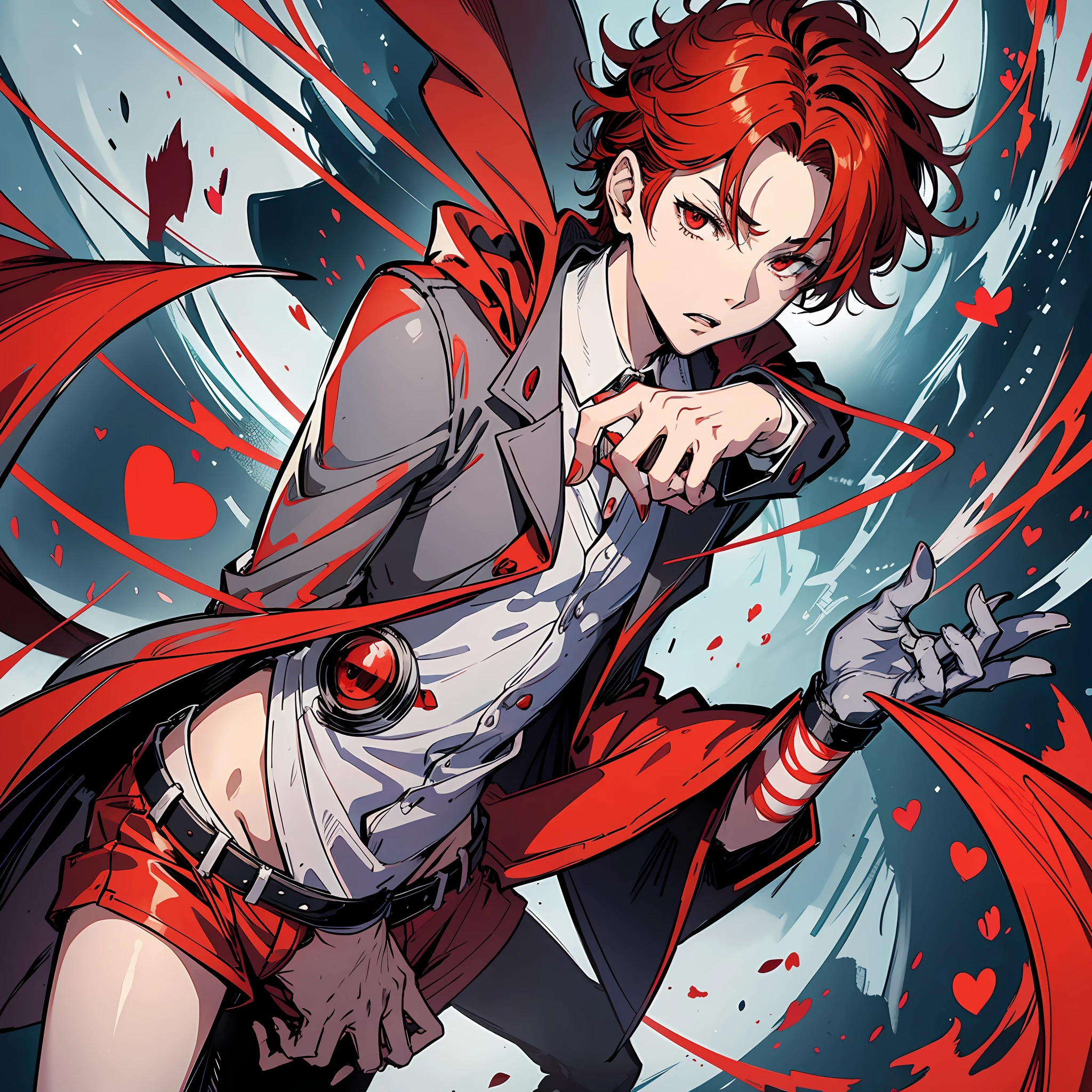 "Manga/anime-style comics from a heart collector, the boy monster with gray skin, red hair and red eyes, elegantly dressed in a red suit. Detailed images in high resolution, dynamic perspective and pose."