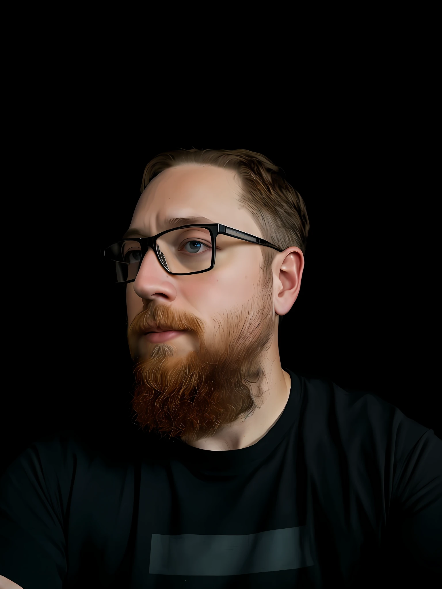 there is a man 40 years old with glasses and a beard holding a cell phone, portrait of sam hyde, ginger bearded man with glasses, in front of a black background, looking to the side off camera, looking away from camera, fractal beard, looking away from the camera, taken in the early 2020s, standing with a black background, character portrait of me