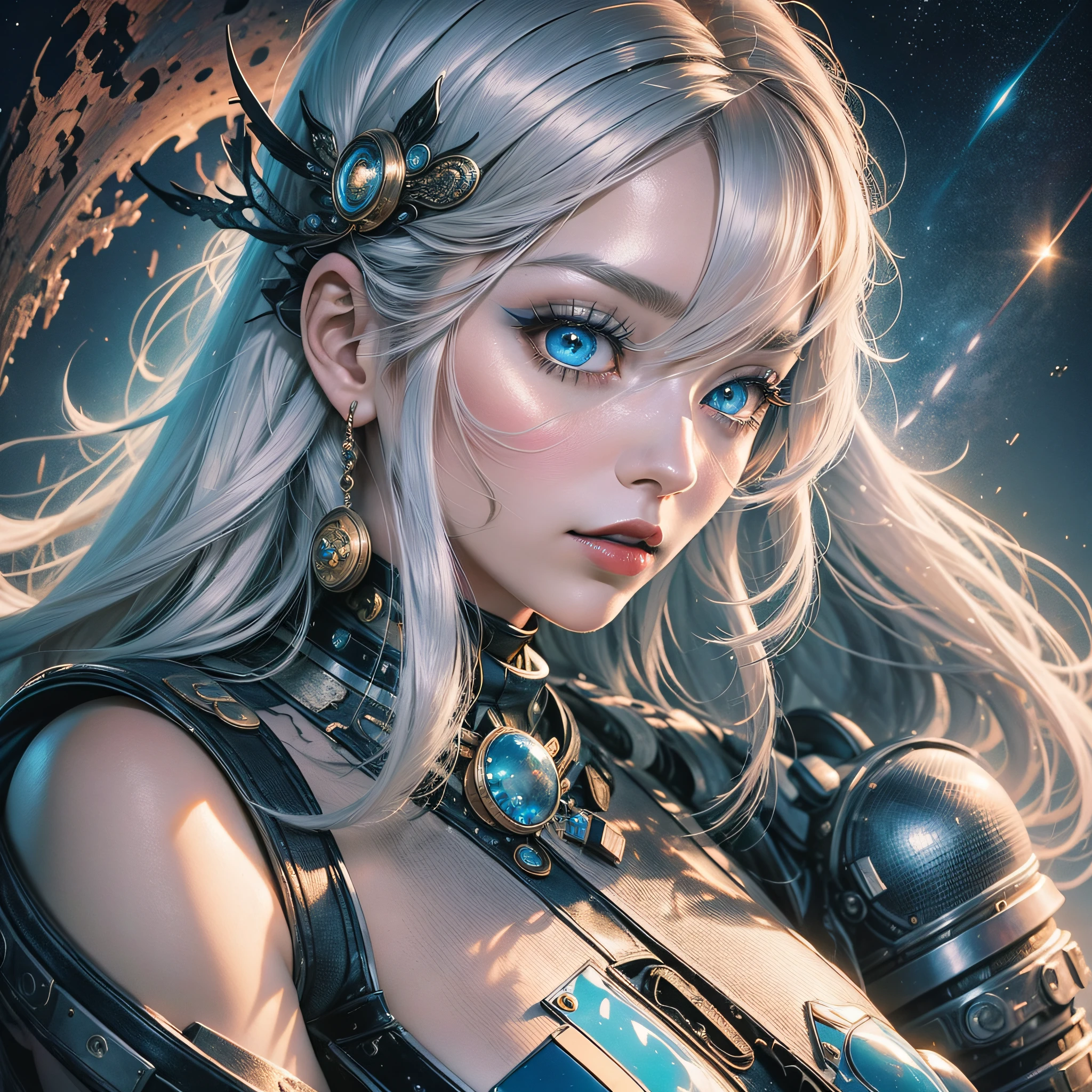 highly detailed, masterpiece, top quality, super detail, best shadow), (detailed background) Powerful 25-year-old female character, long white hair with bangs between her eyes, blue eyes looking at me, sensual mouth with red lipstick style a space goddess with a mythical beauty
