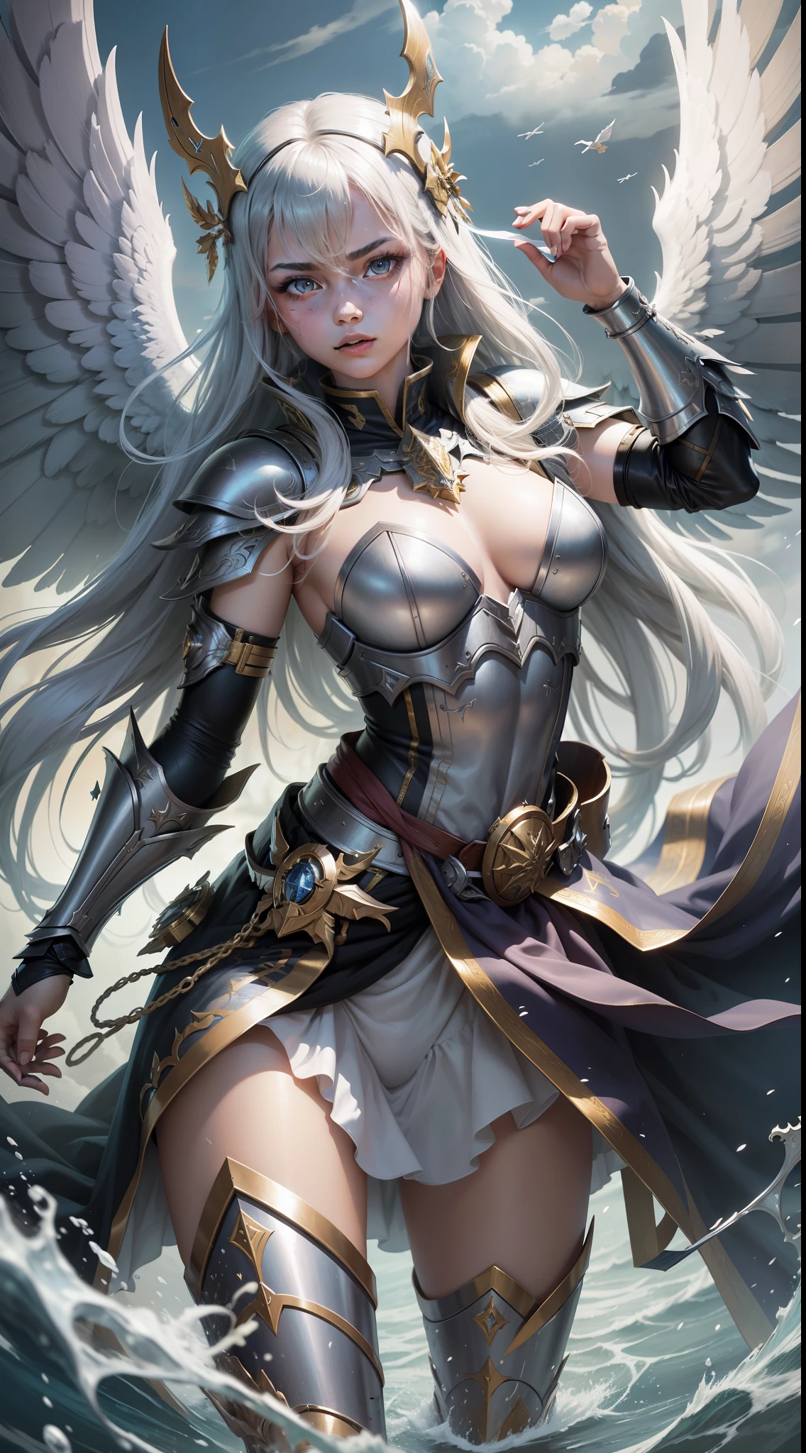 Best image quality, high resolution,8k, masterpiece, combat angel descending from the sky, masked,metal armor combined with royal vestments, scales in your hand