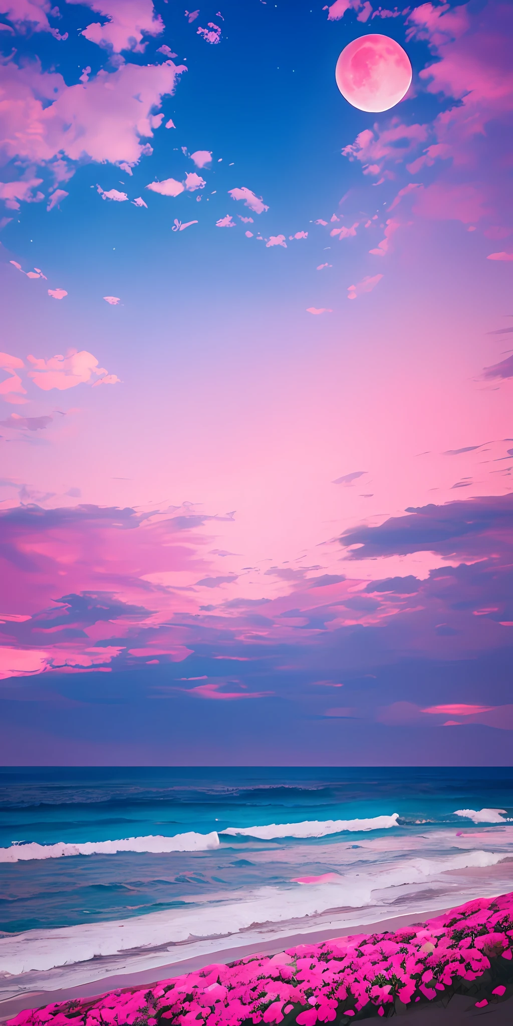 Pink moon, pink sky, soft pink clouds, pink ocean waves sparkling, sparkling, pink roses on pink ocean, fantasy, diamond, crown, universe, soft lights,