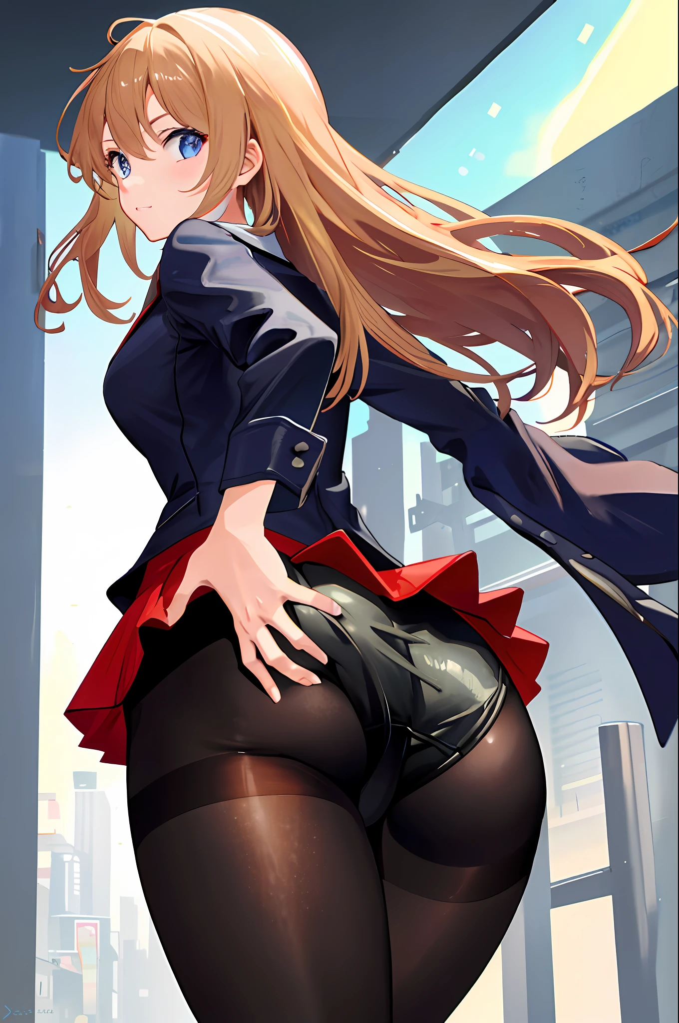 masterpiece, best quality, BREAK, 1girl, solo, pantyhose, (hands on own ass), (grabbing own ass), from behind, back,,, ass stretch, ass spread,