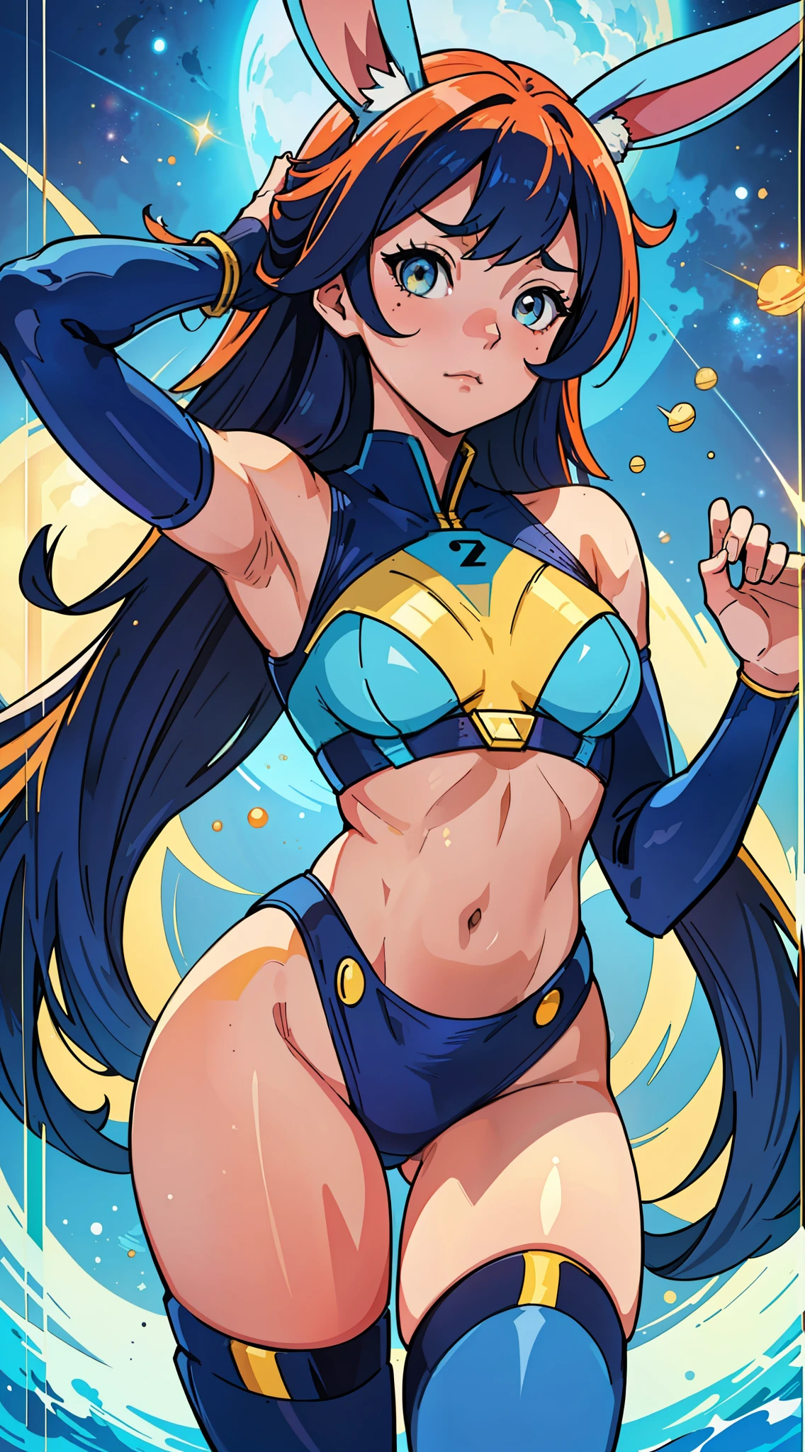 rabbit woman with blue and yellow eyes, in a blue bathing suit, long messy orange hair, hair with rabbit ears same color bunny ears, space dandy, space hero, galactic hero, anime hero female, small smirk, long legs, mid bust, womanly figure. 8k,(RAW photo, best quality), (beautiful composition, coherent:1.3)
	
	beautiful detailed eyes, extremely detailed eyes and face, perfect anatomy, 		
	an extremely delicate and cute cubby face, big round eyes
	natural lighting, cinematic,