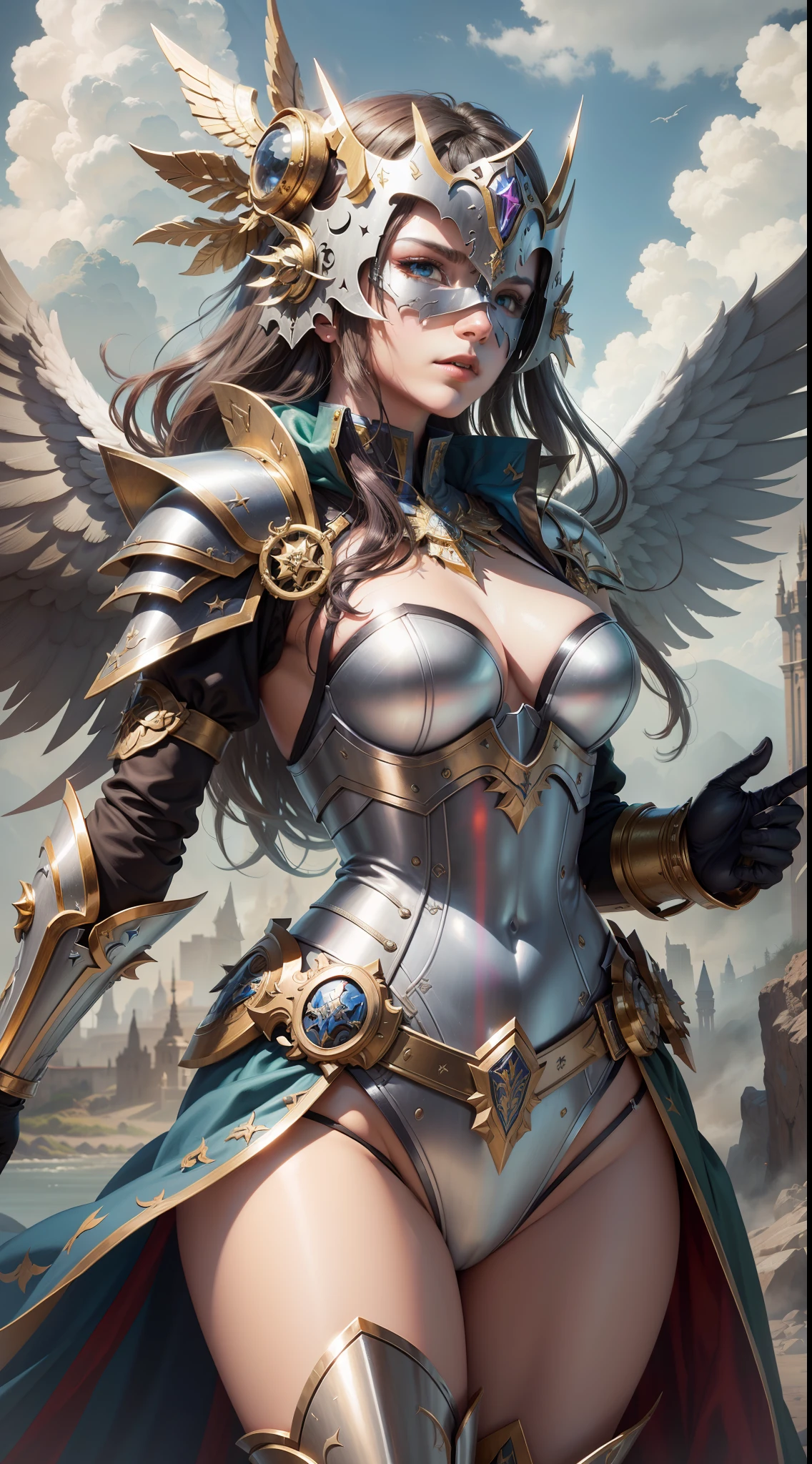 Best image quality, high resolution,8k, masterpiece, combat angel descending from the sky, masked,metal armor combined with royal vestments, scales in your hand